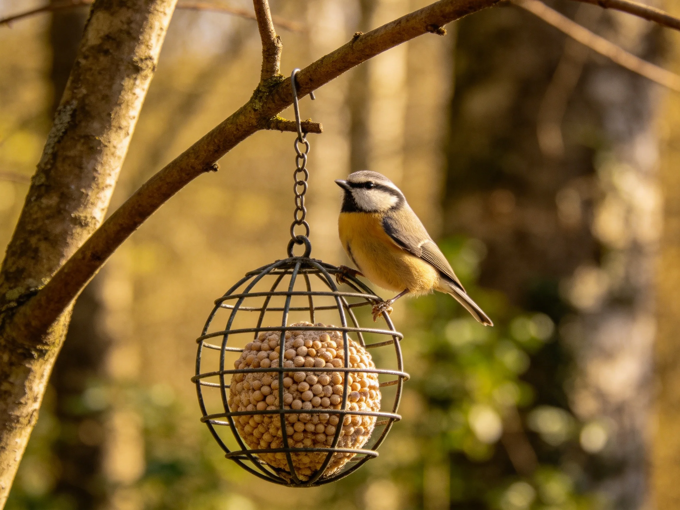 A small bird perches on a spherical wire feeder from a tree branch