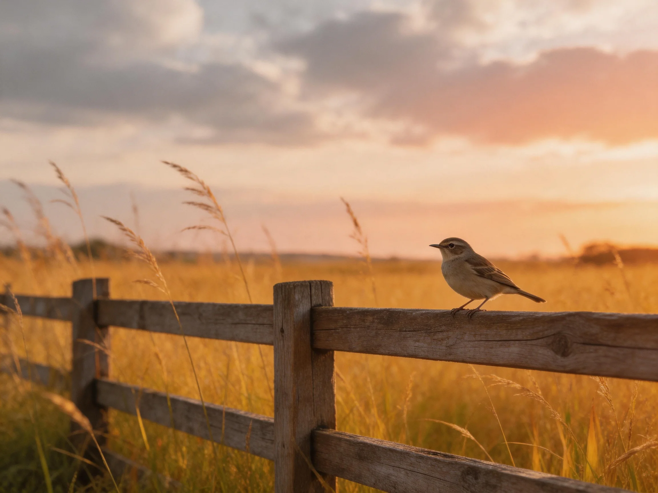 A small bird perches on a weathered wooden fence amid golden grasses under sunset