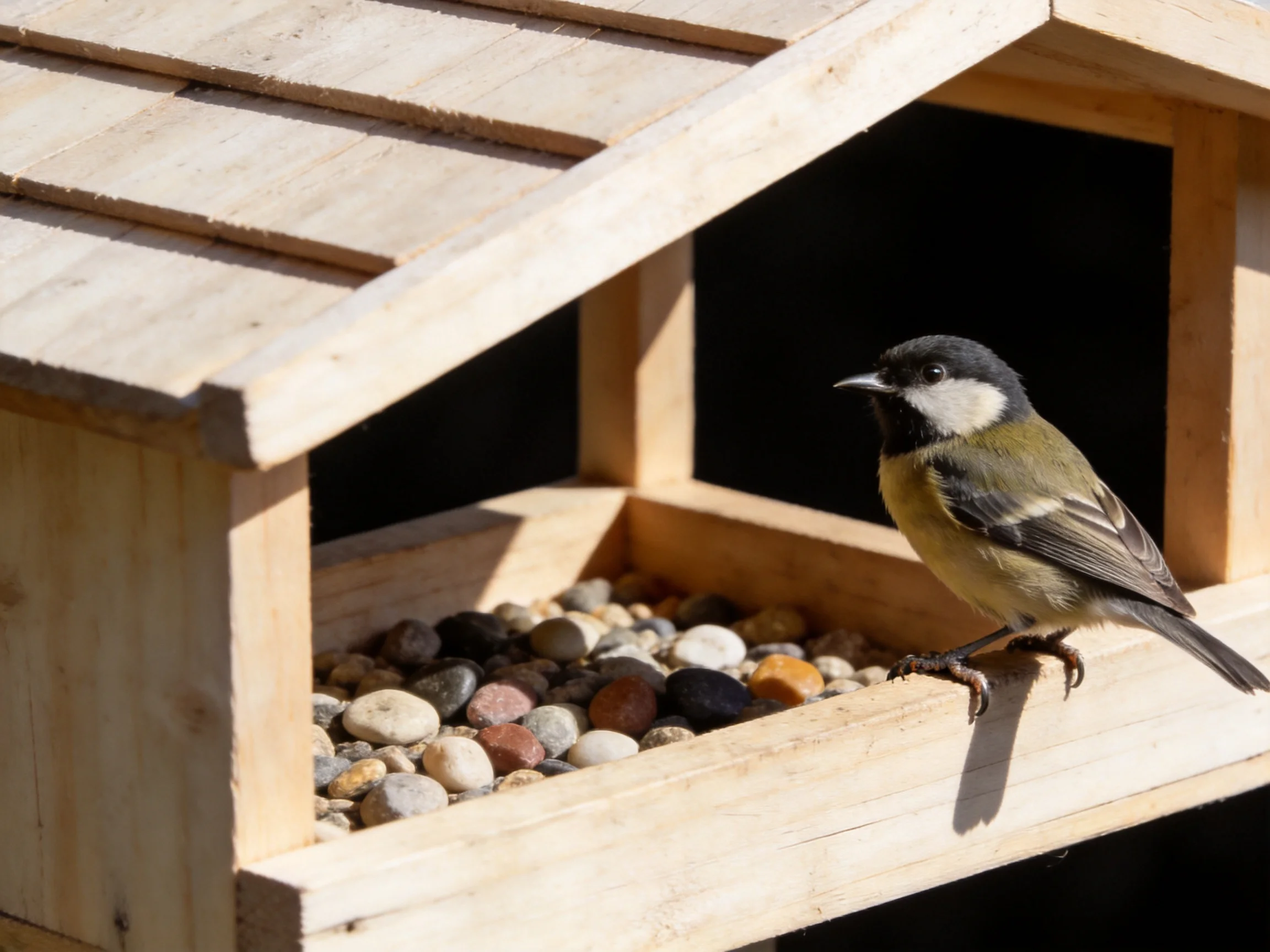 A small bird perches on a wooden feeder with colorful pebbles