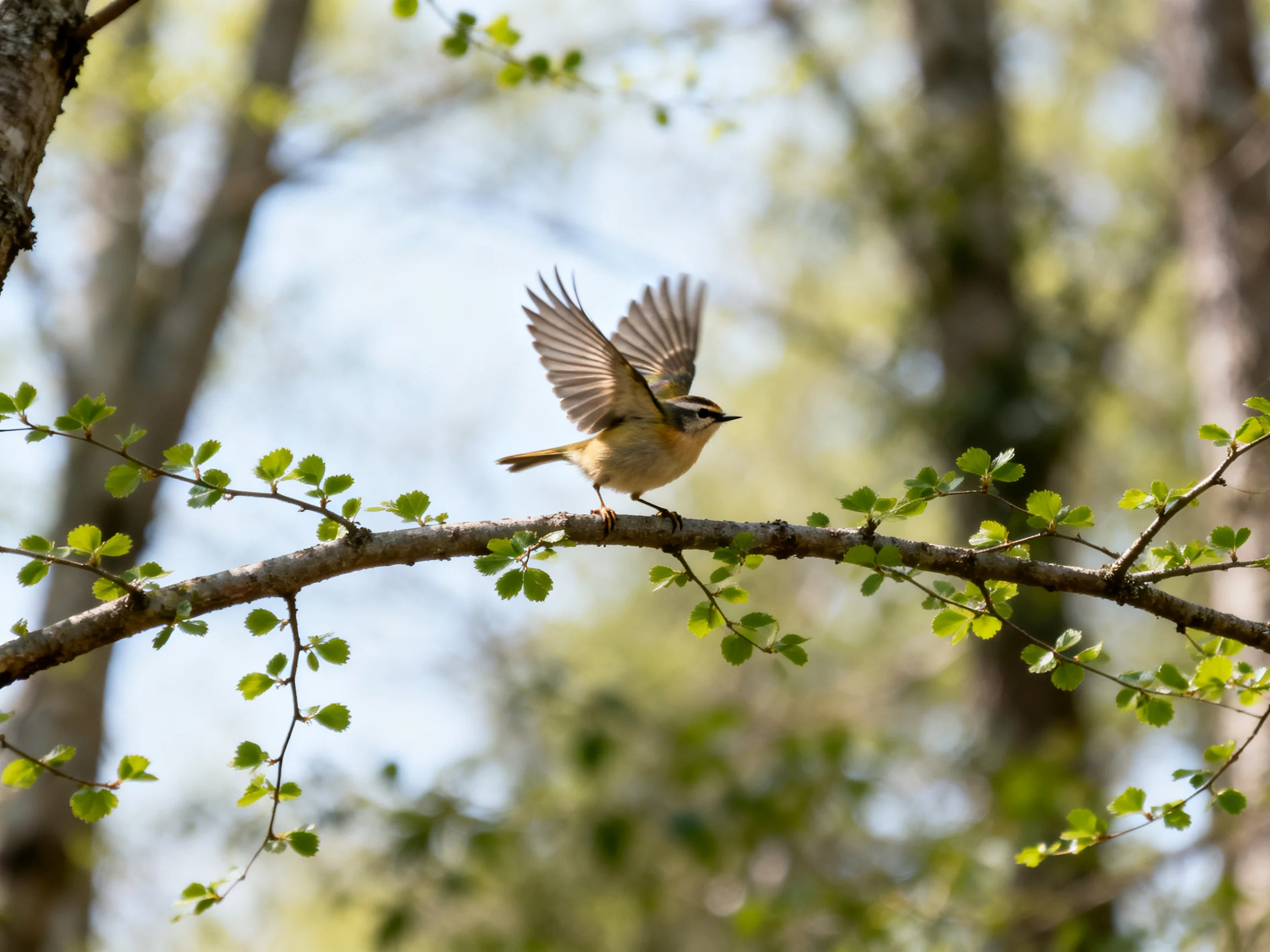 A small bird spreads wings on a leafy forest branch