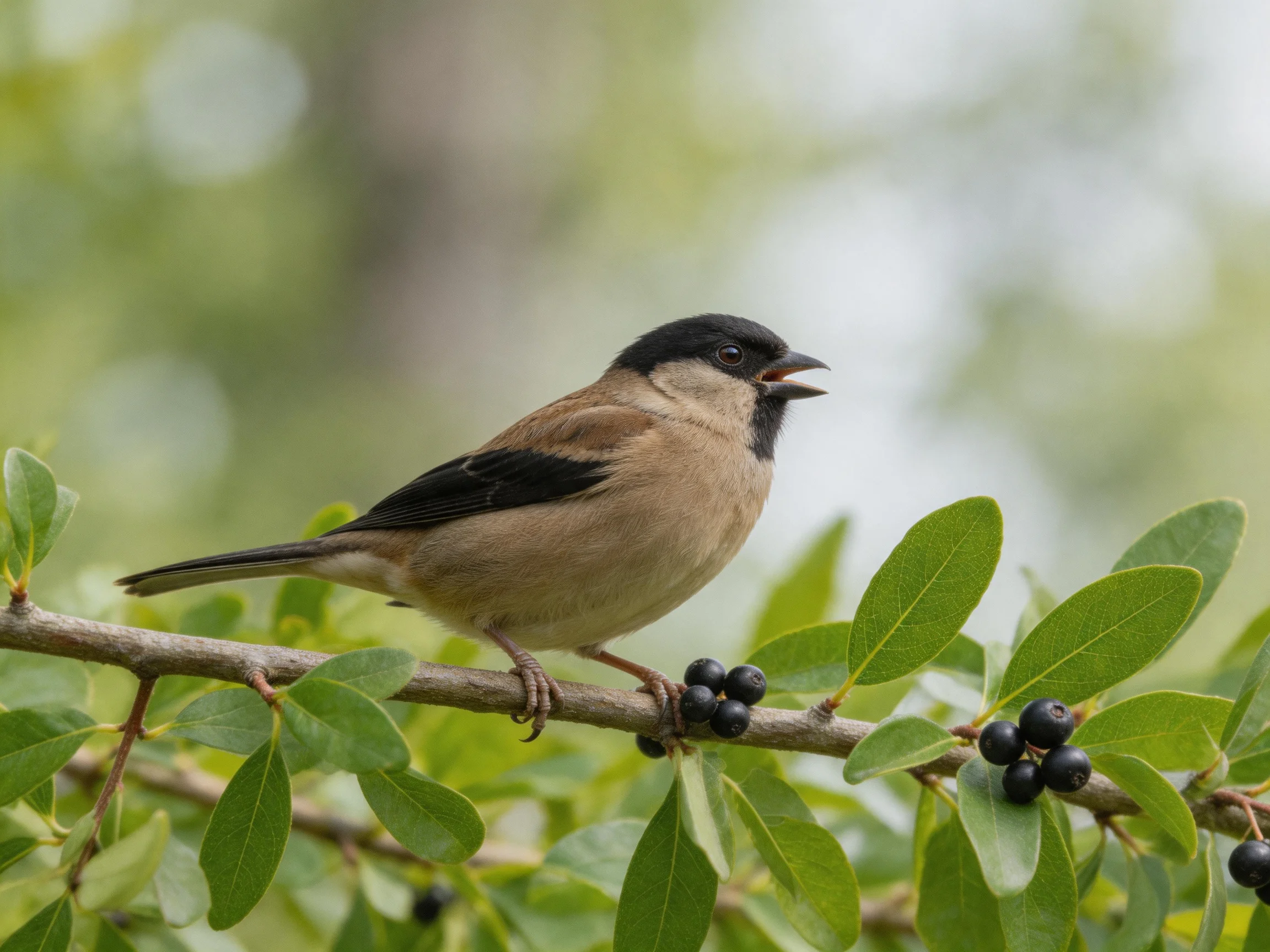 A small bird with a black cap perches on a leafy branch with dark berries