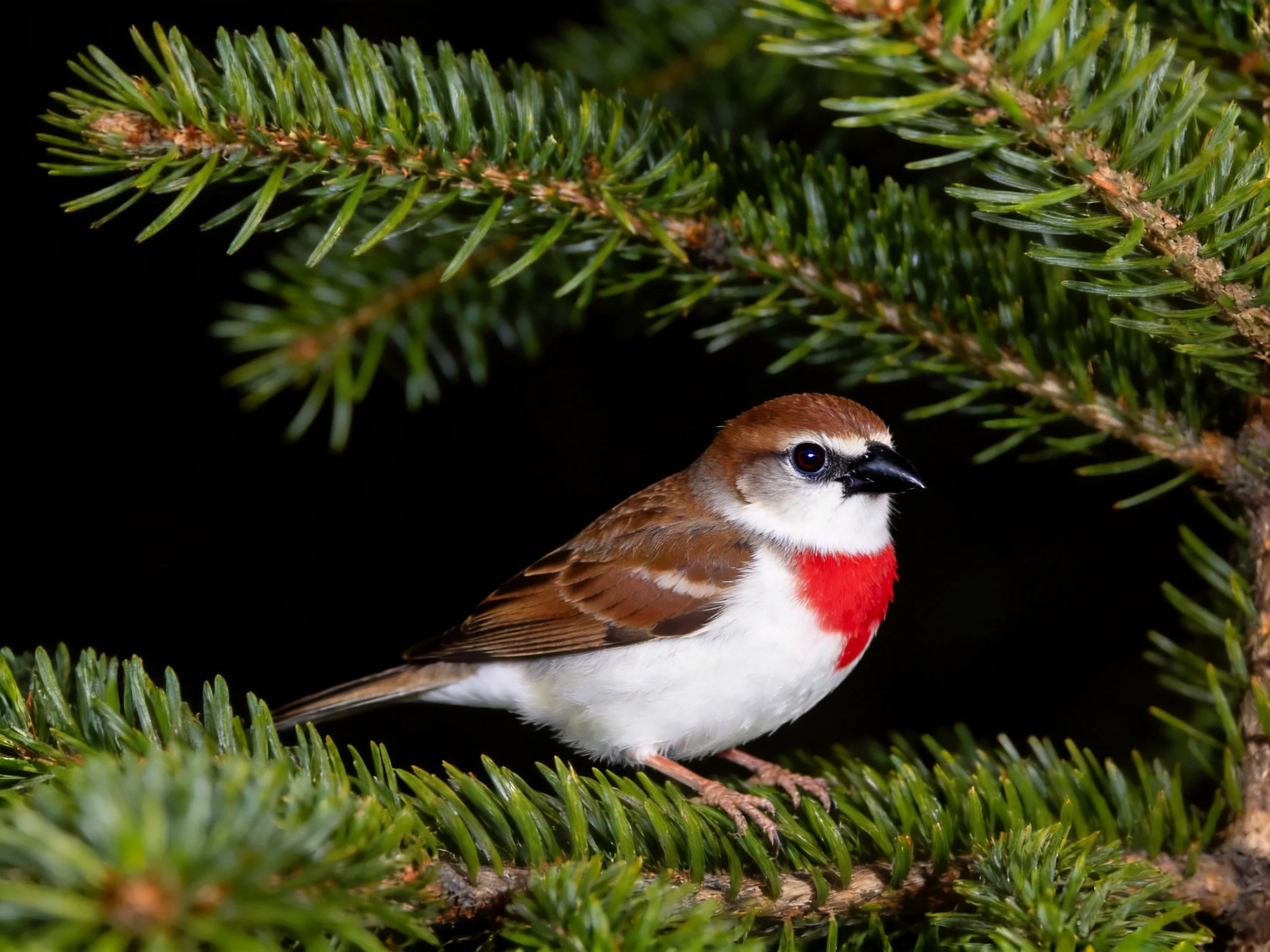 A small bird with a bright red chest perches on dense evergreen branches