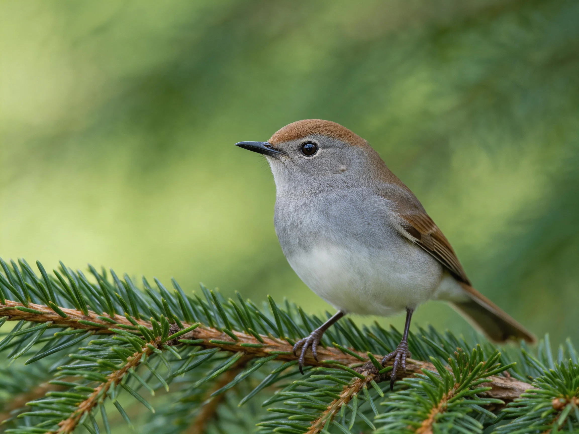 A small bird with a brown cap perched on green pine branches