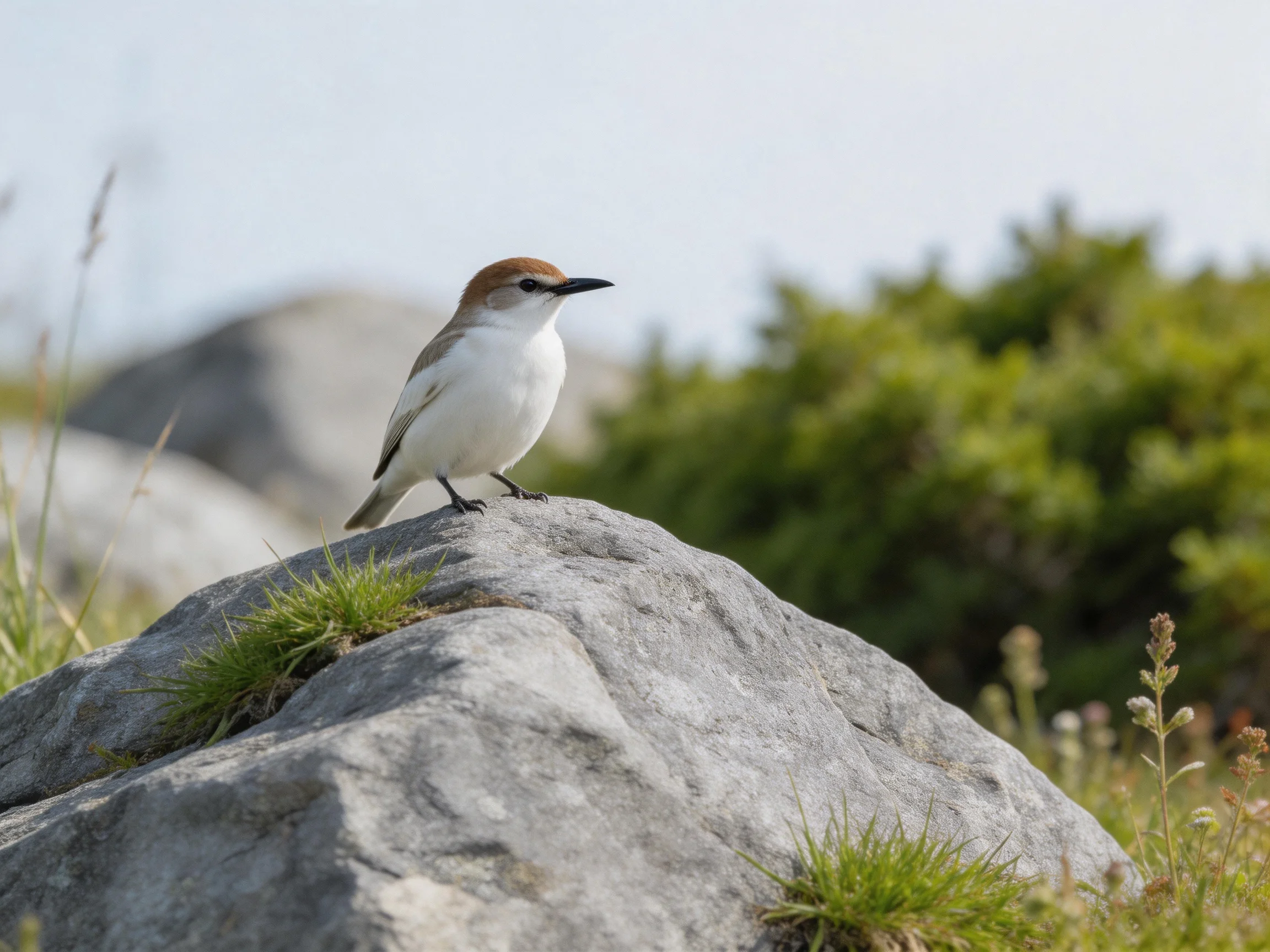A small bird with a brown cap perches on a gray rocky outcrop