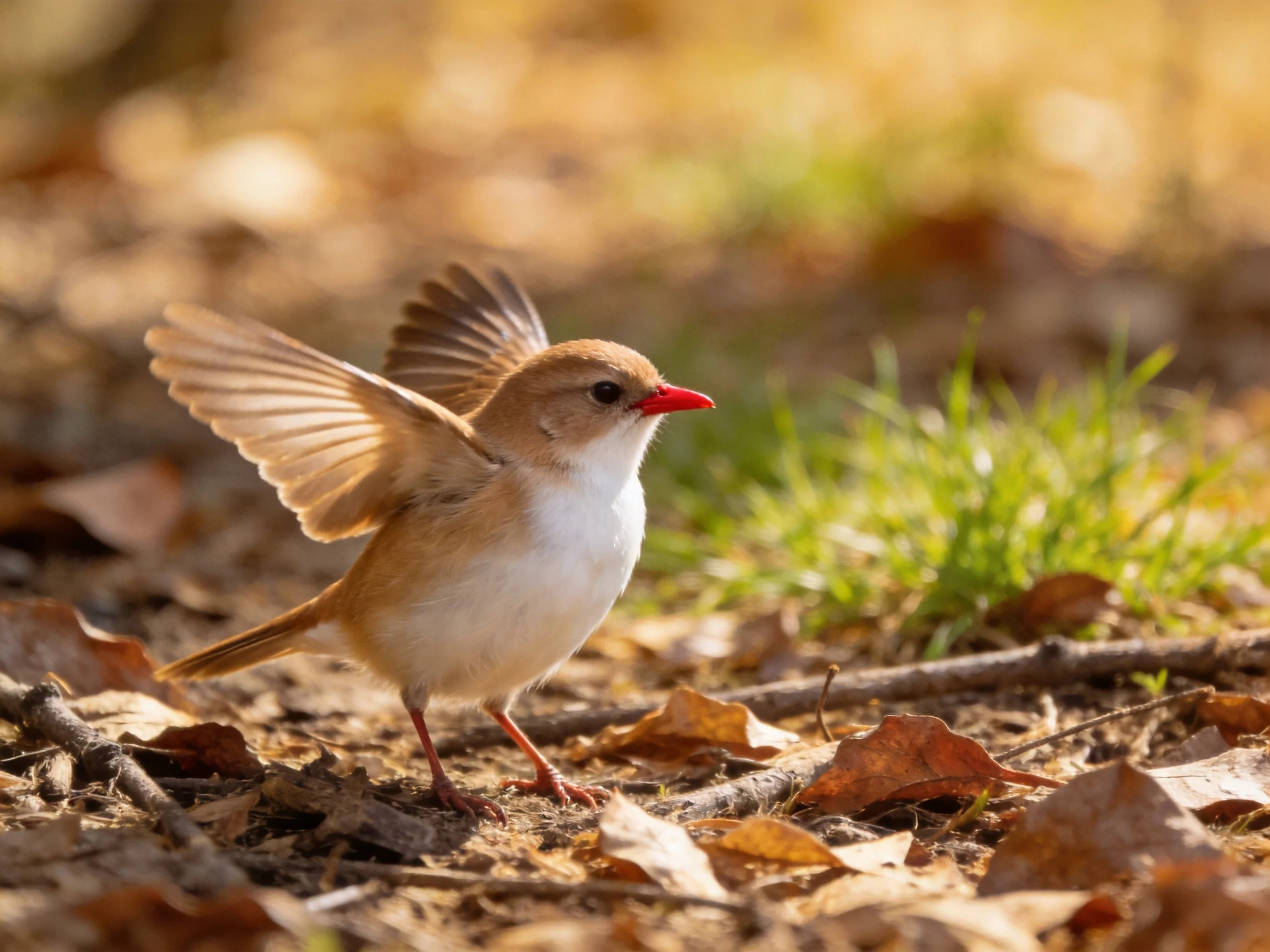 A small bird with a red beak spreads wings on leaf-covered terrain