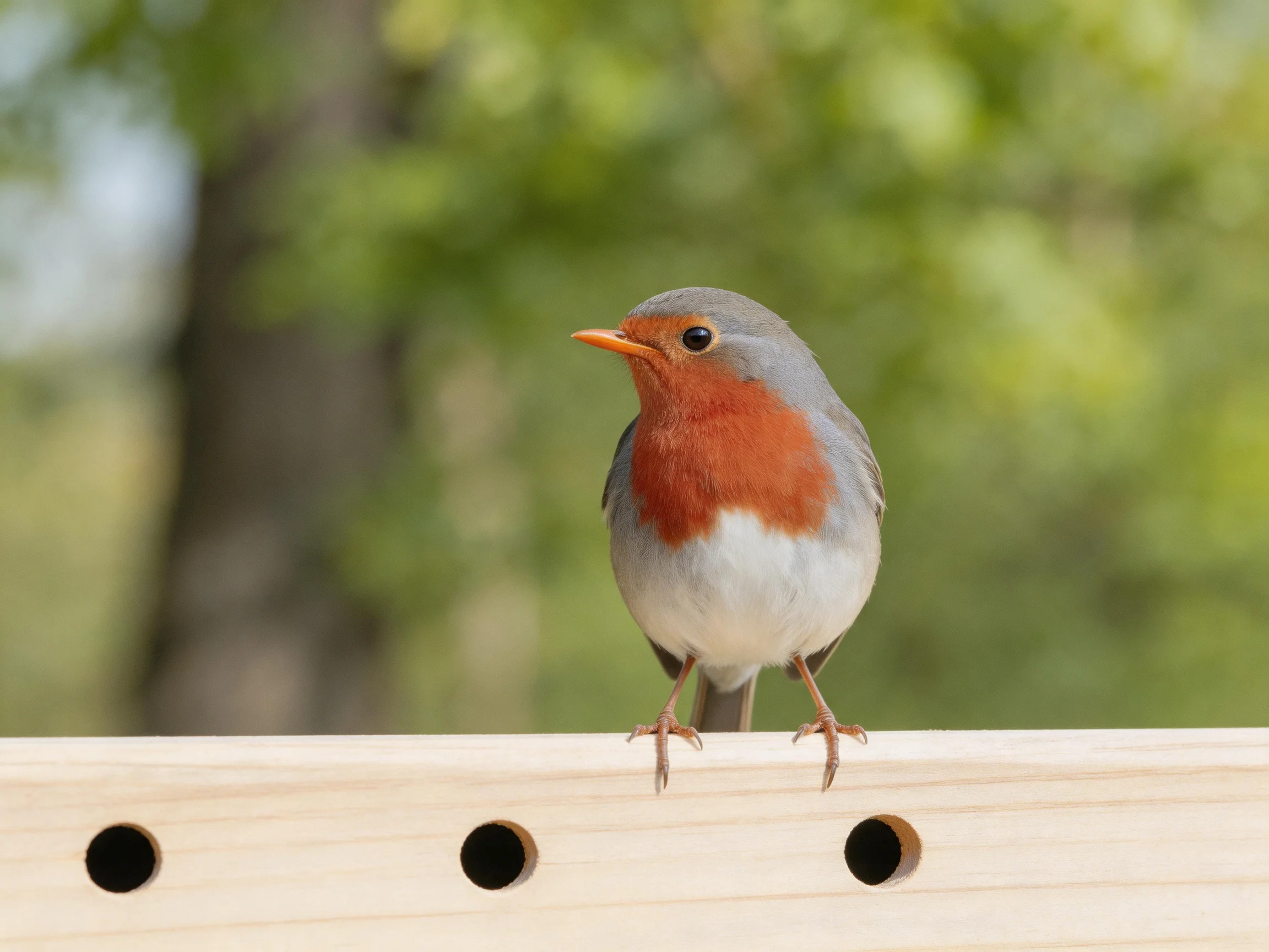 A small bird with a red chest perches on a wooden board near green foliage