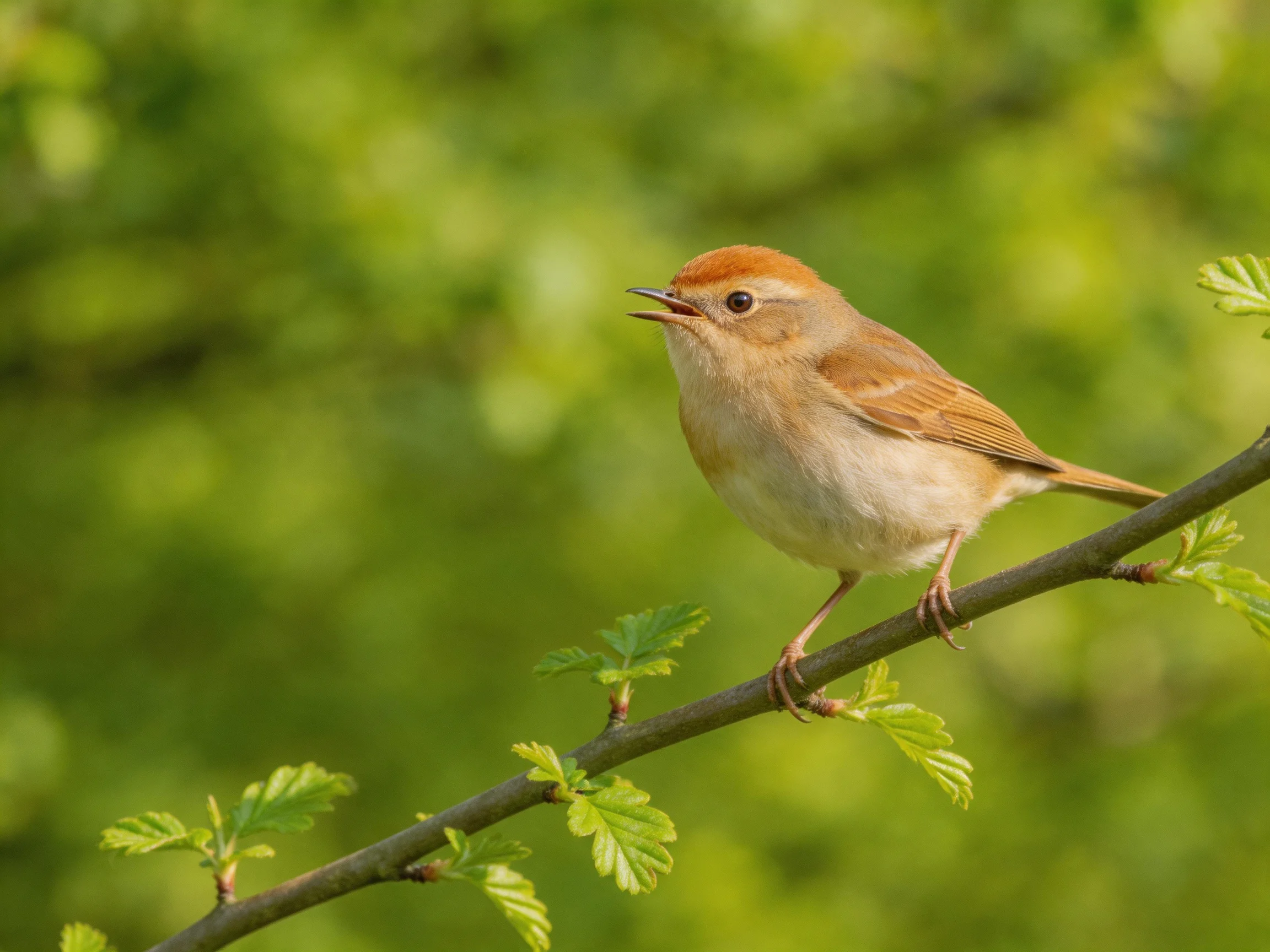 A small bird with a reddish cap perched on a leafy branch