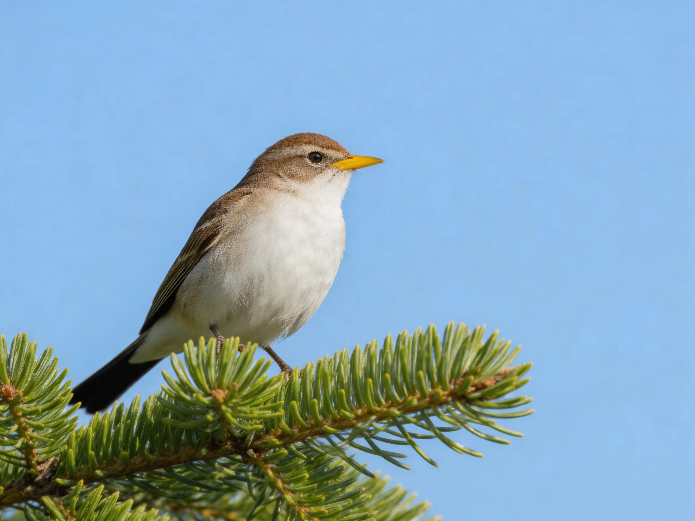 A small bird with a yellow beak perches on a green pine branch