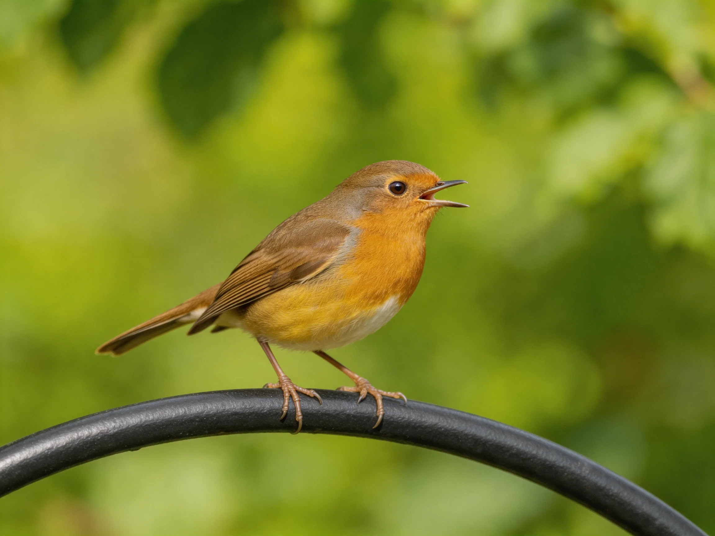 A small bird with an orange breast perches on a dark curved metal bar amid green foliage.