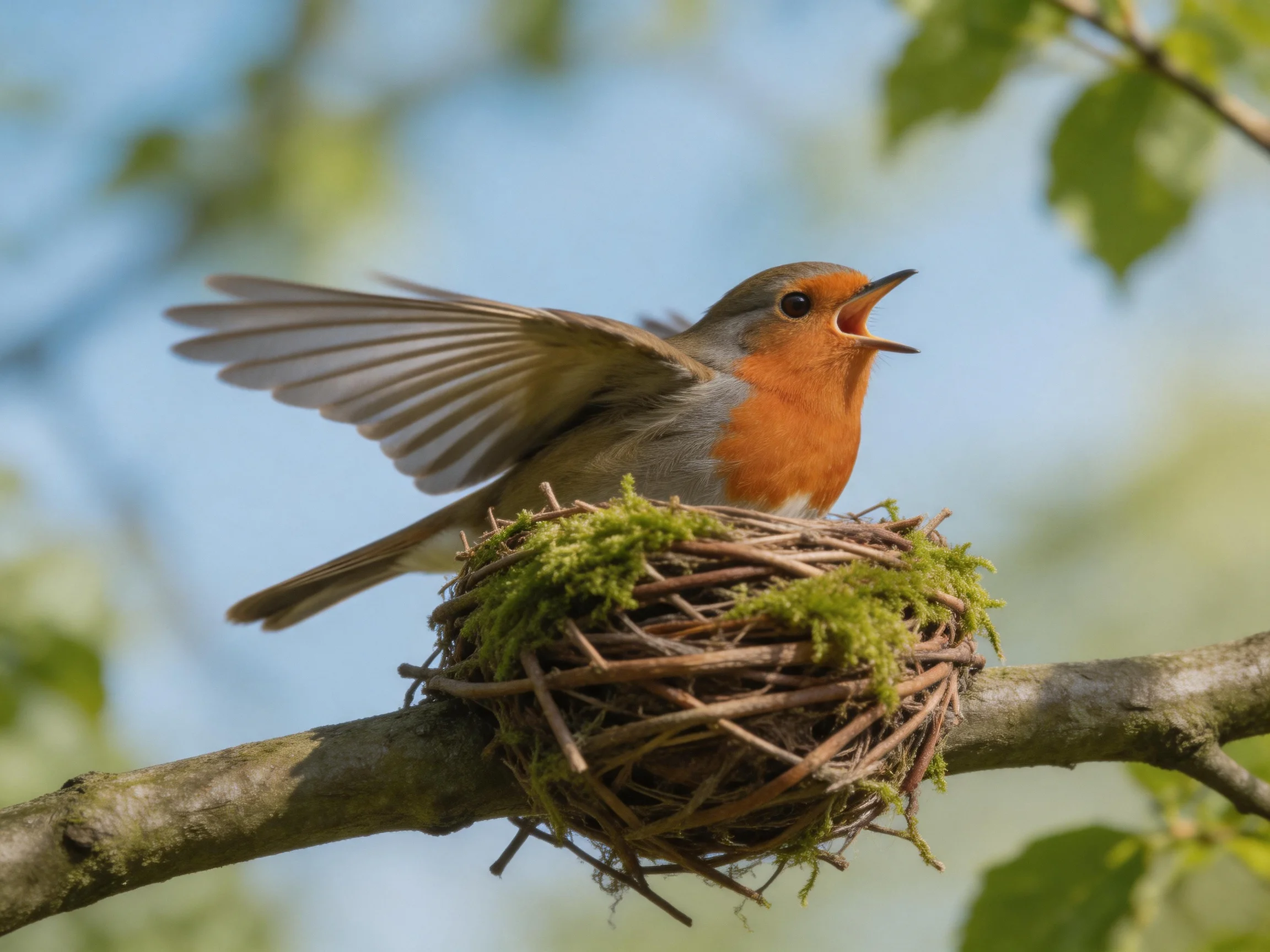 A small bird with an orange breast sits in a moss - covered twig nest on a tree branch.