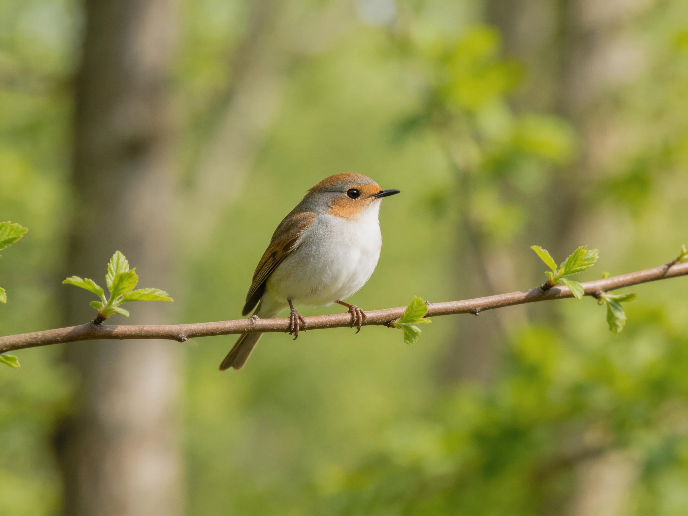 A small bird with an orange-brown cap perches on a thin branch