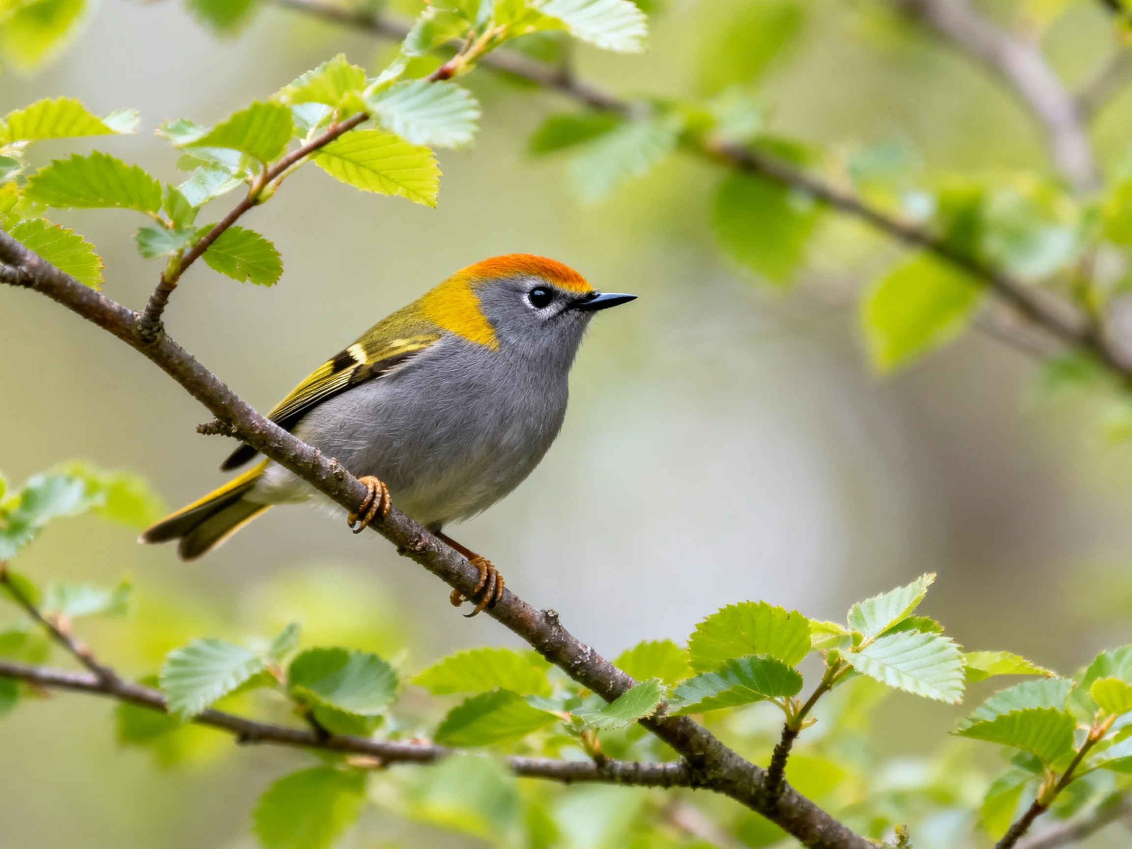 A small bird with an orange cap, gray body, perched among green leaves