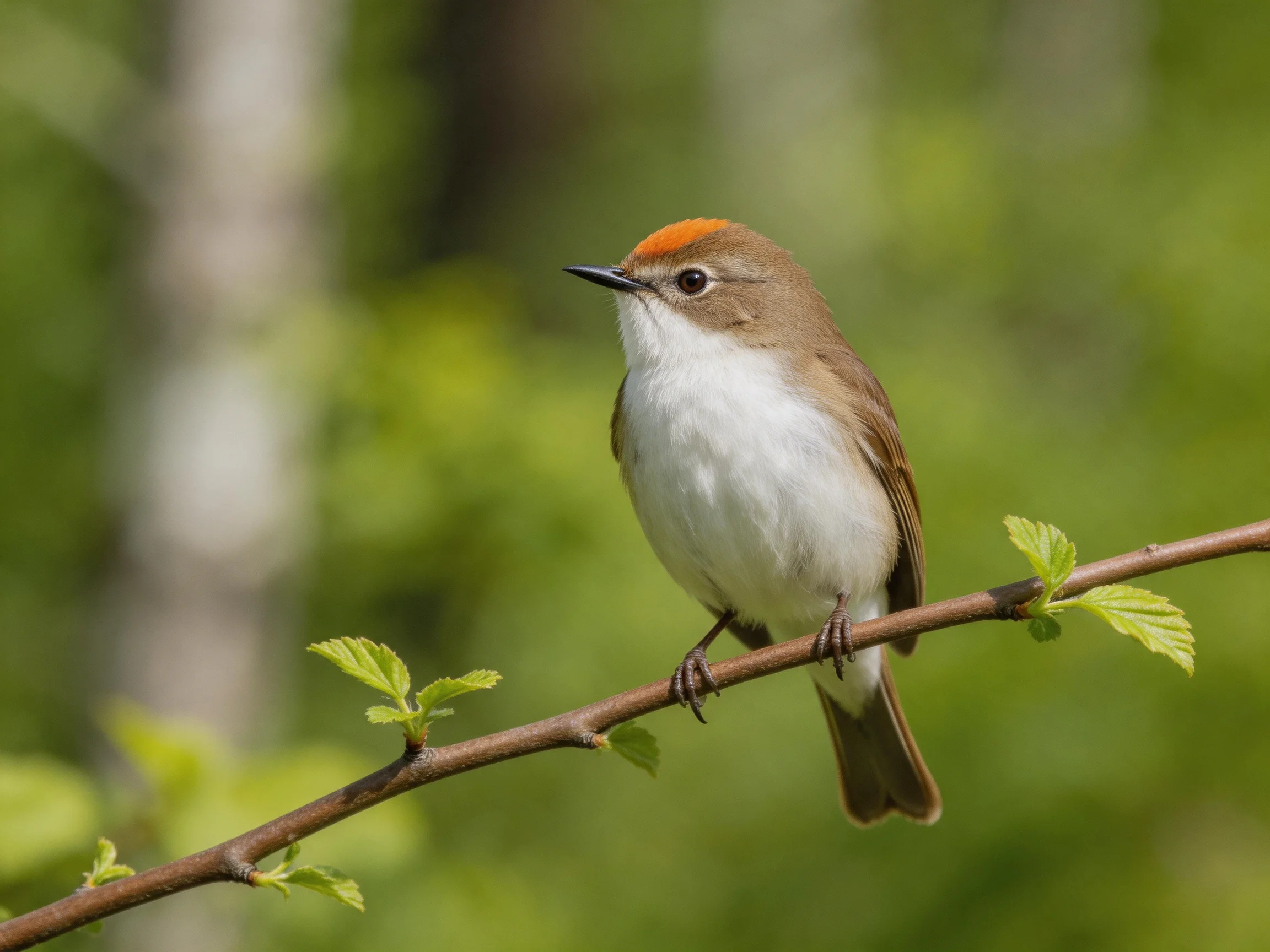 A small bird with an orange cap perched on a budding branch