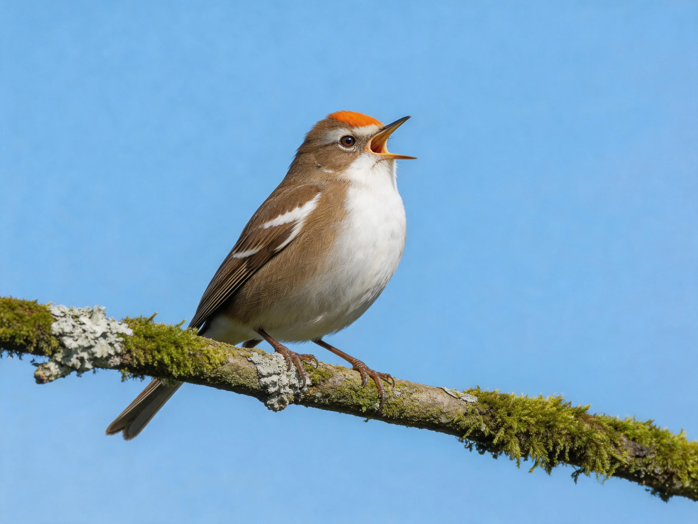 A small bird with an orange cap perched on a moss-covered branch