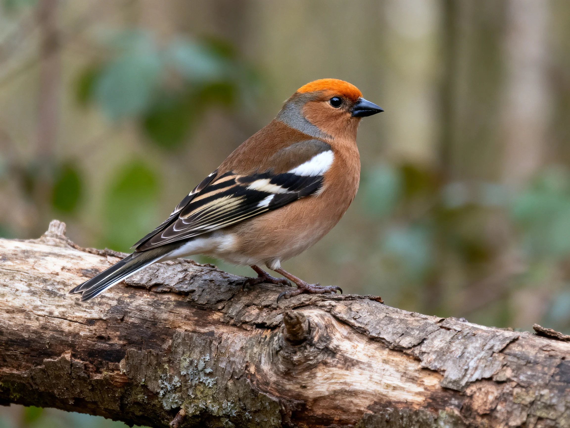 A small bird with an orange cap perched on a weathered log