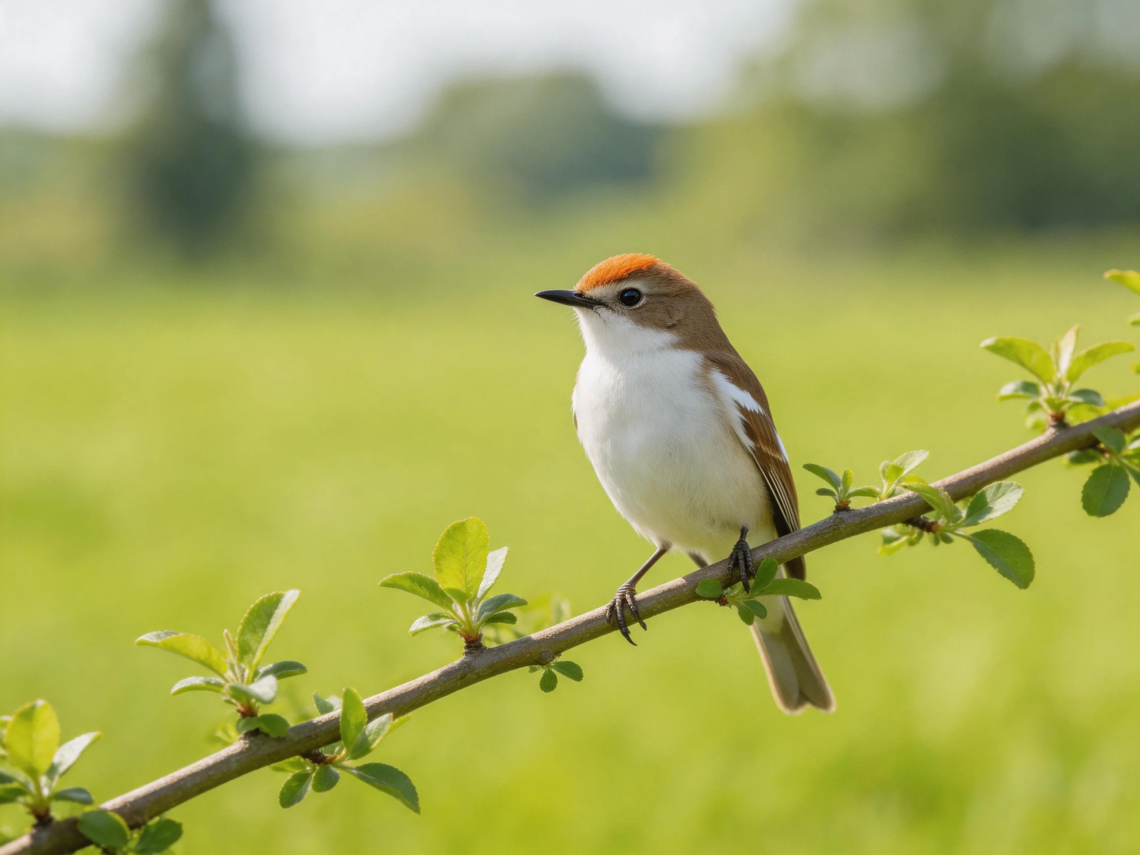 A small bird with an orange cap perches on a leafy branch in a green field