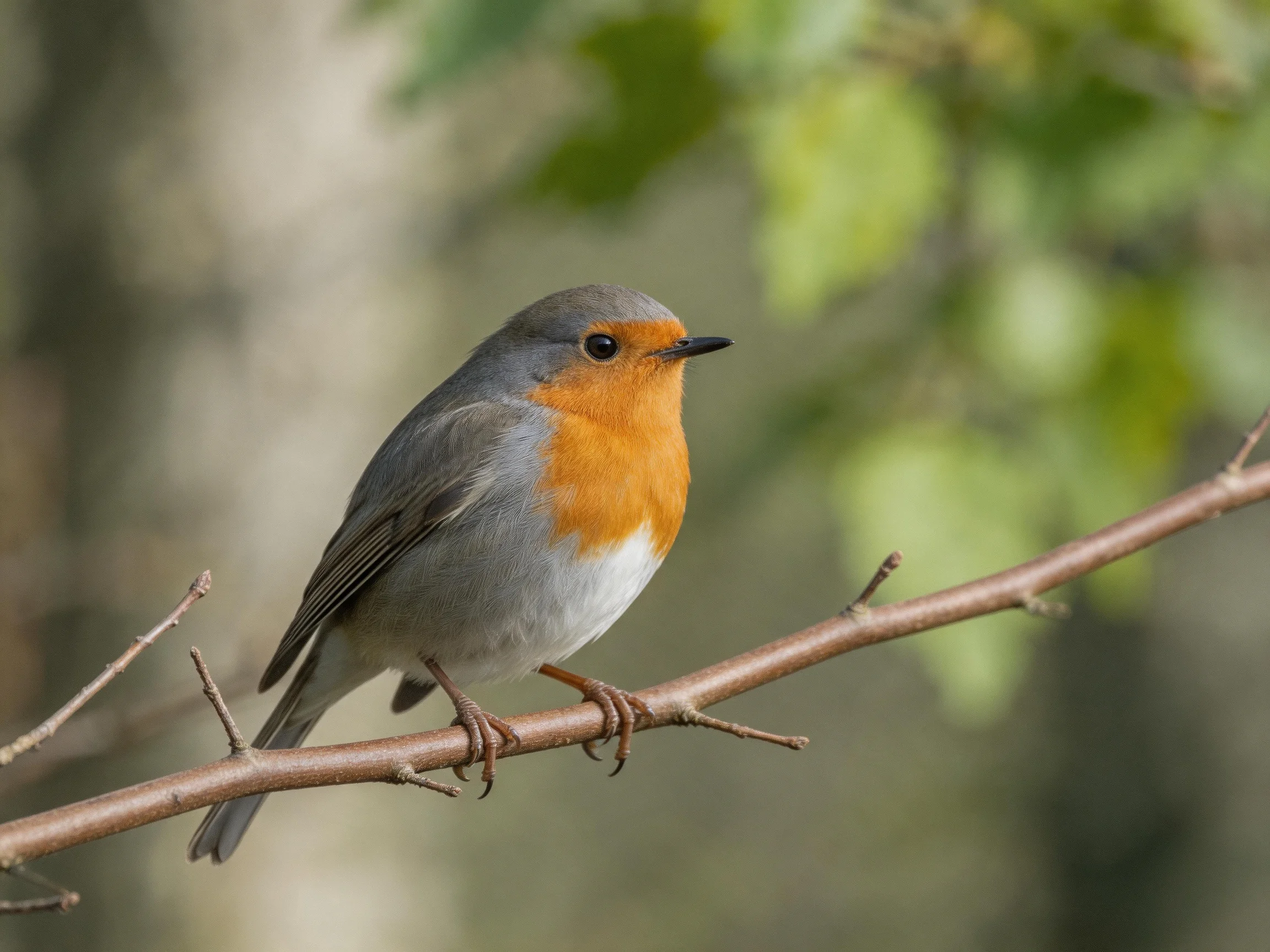 A small bird with an orange chest perched on a thin brown branch