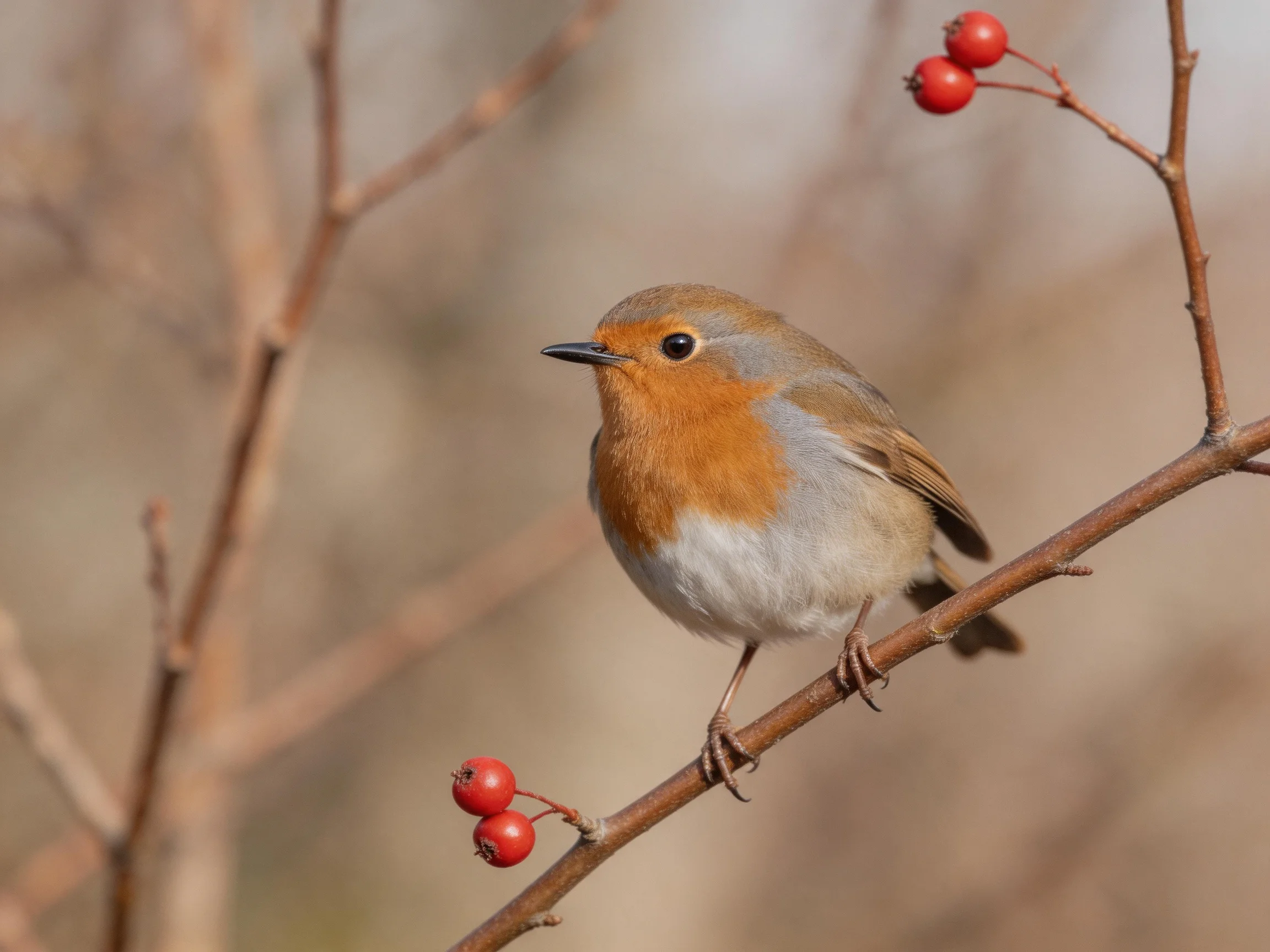A small bird with an orange chest perches on a branch with red berries