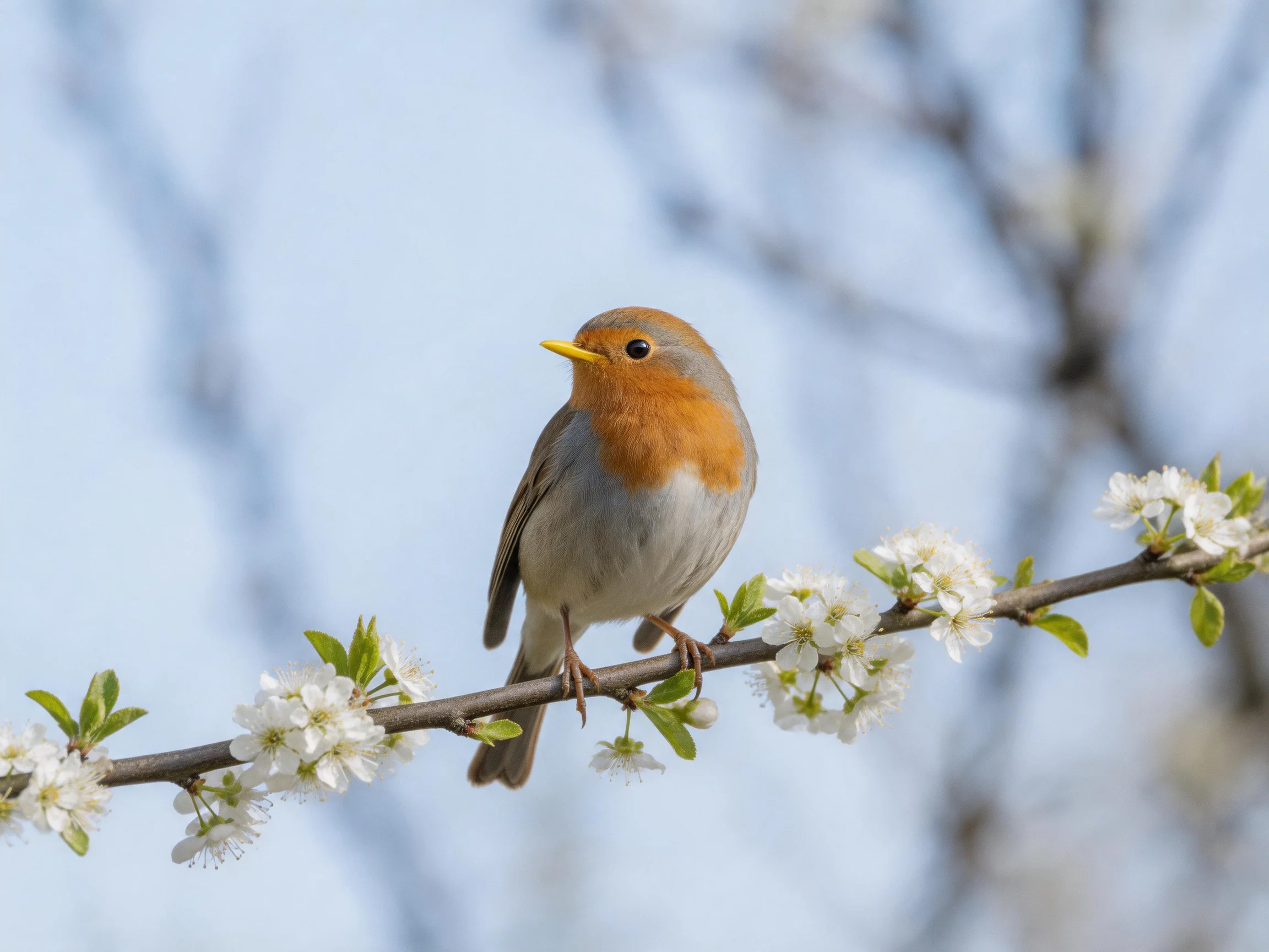 A small bird with an orange chest perches on a flowering branch