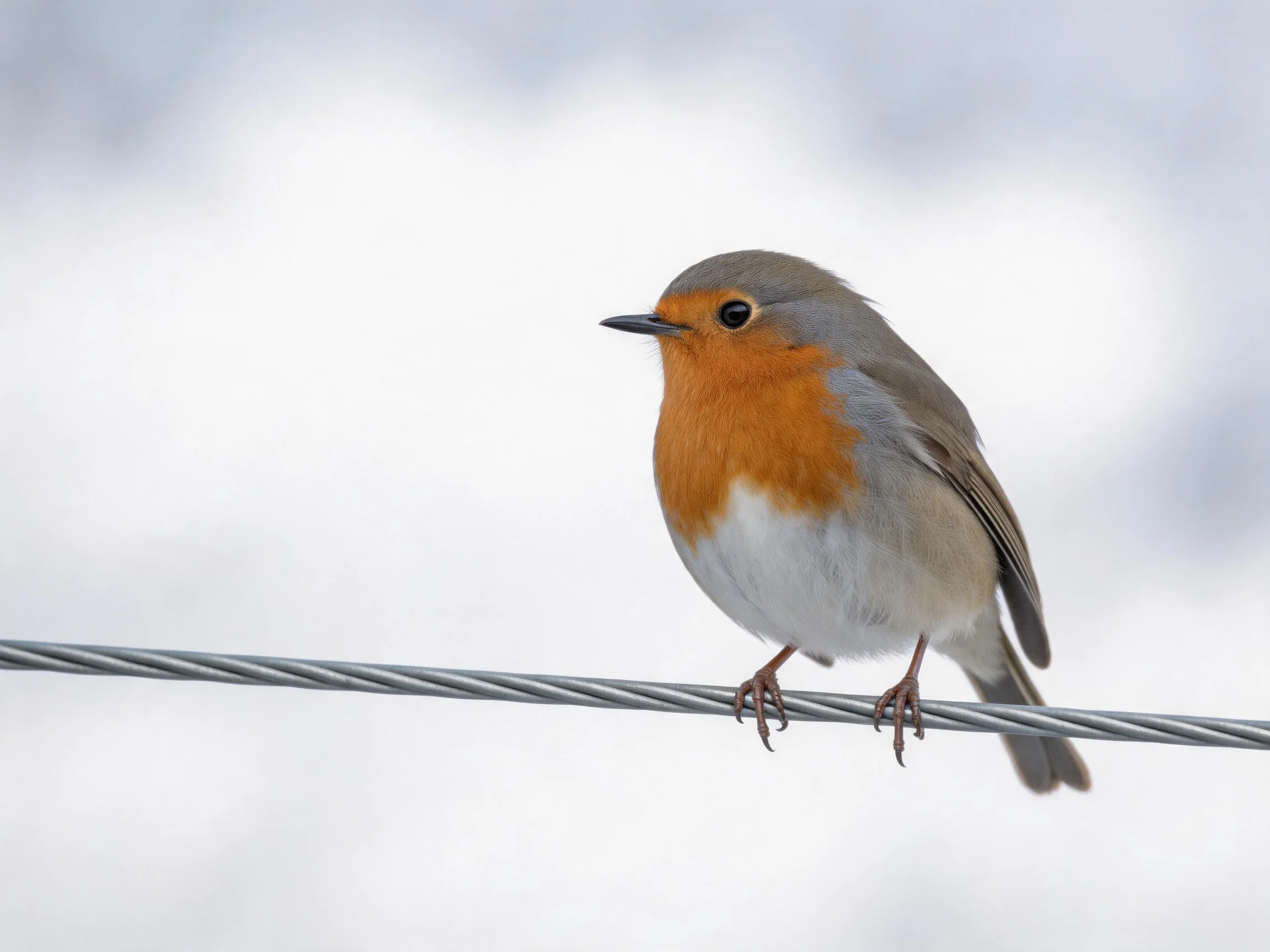 A small bird with an orange chest perches on a twisted wire amid snow