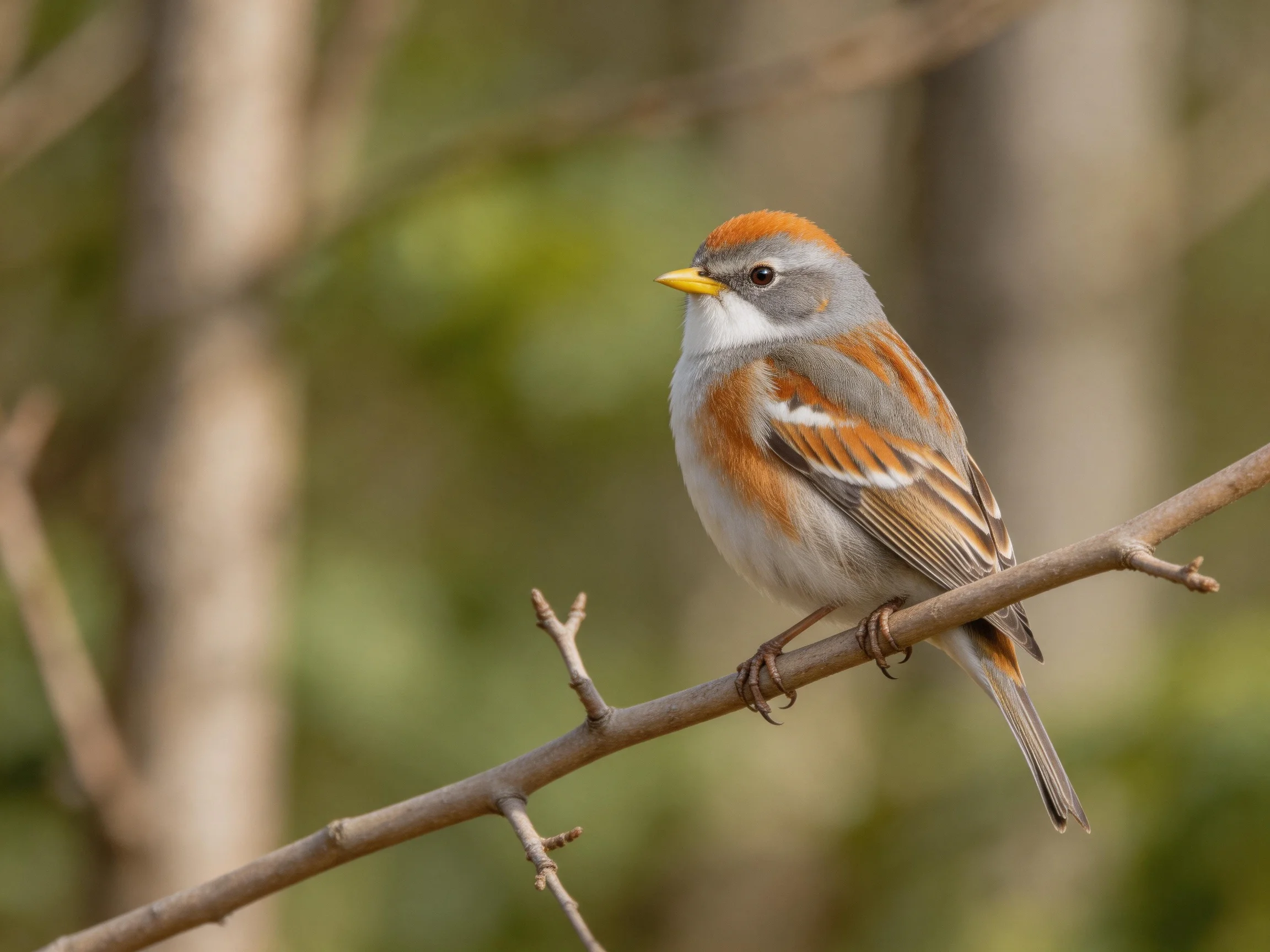 A small bird with an orange crown perched on a bare branch