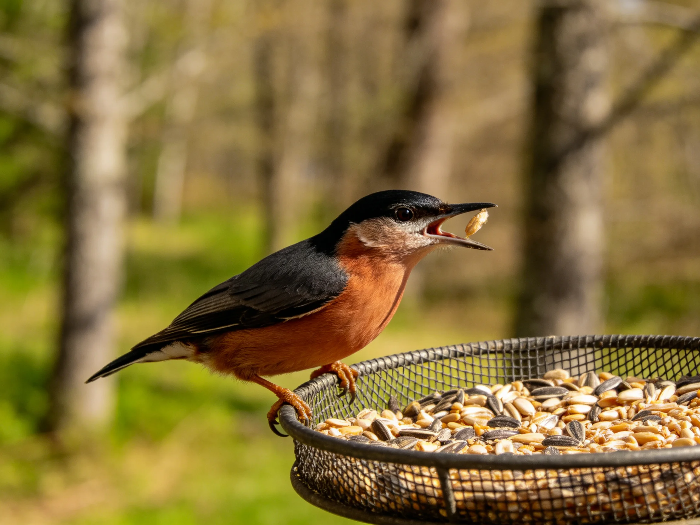 A small bird with black and rust plumage feeds from a wire seed feeder
