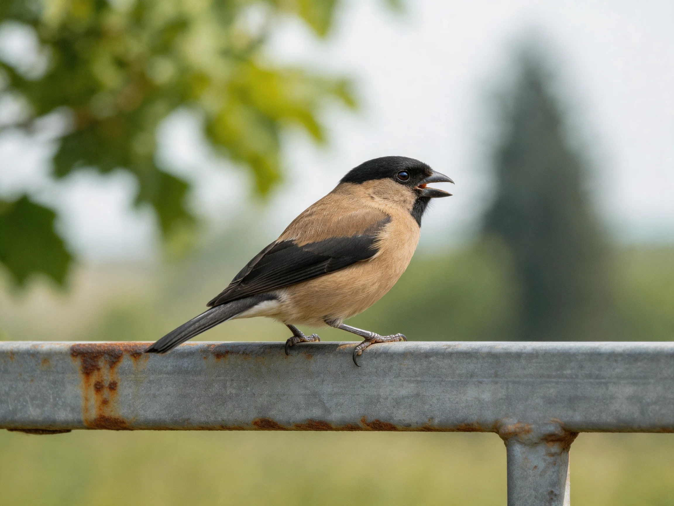 A small bird with black and tan plumage perches on a rusted metal railing