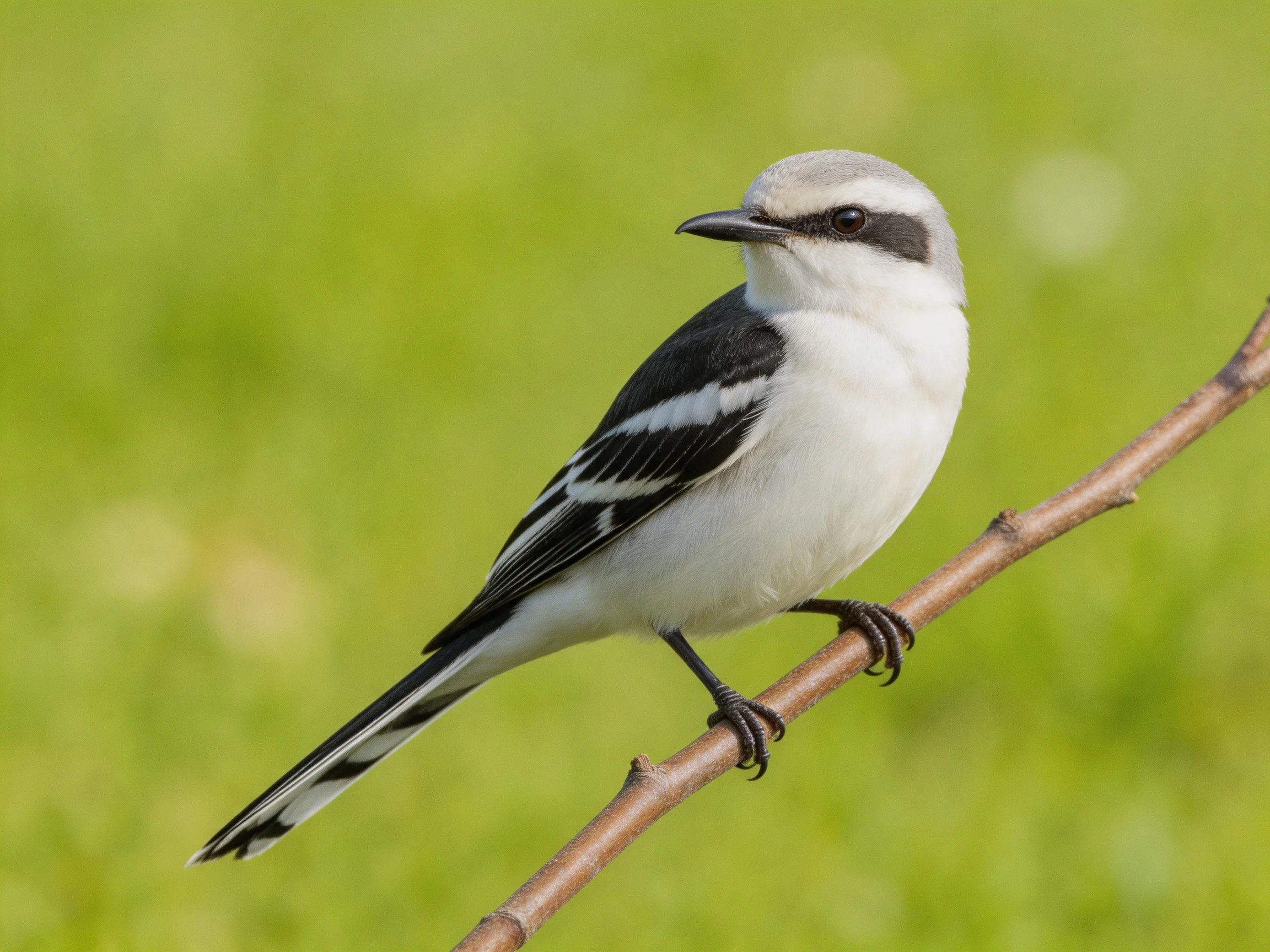 A small bird with black and white plumage perched on a brown branch