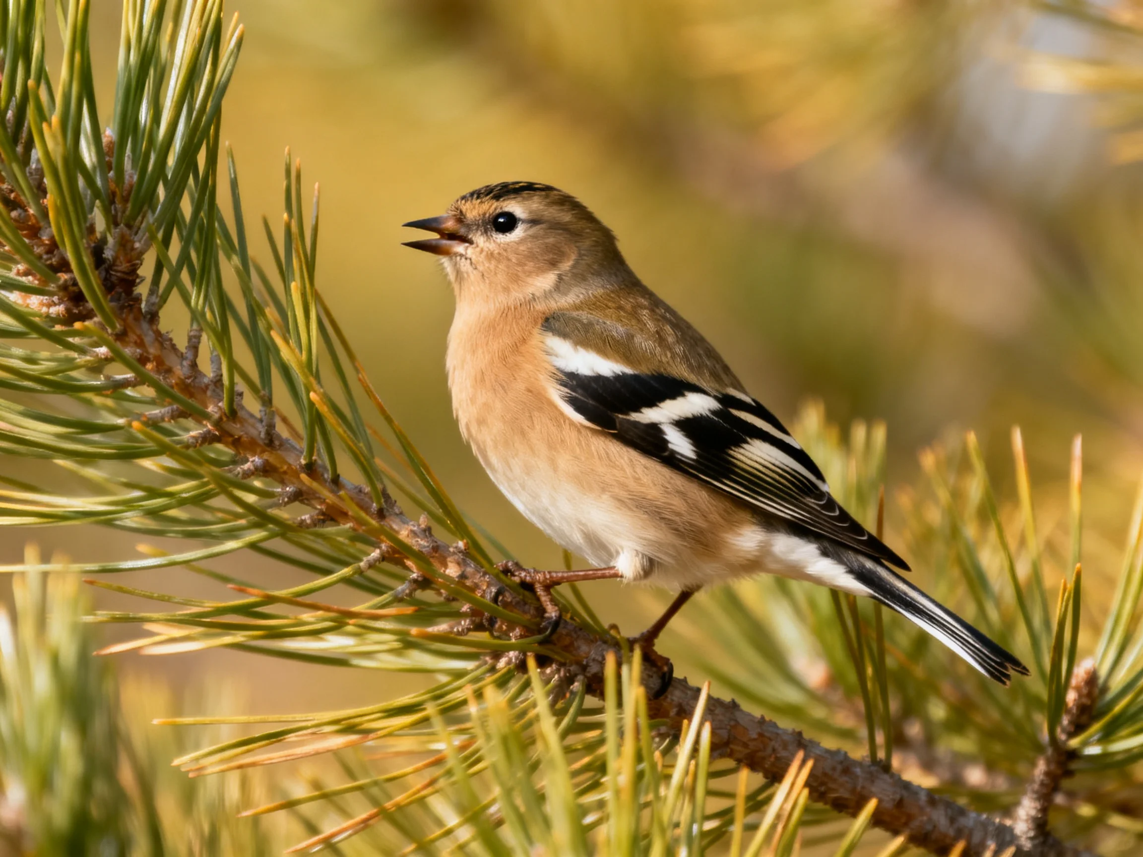 A small bird with distinctive wing patterns rests among pine needles