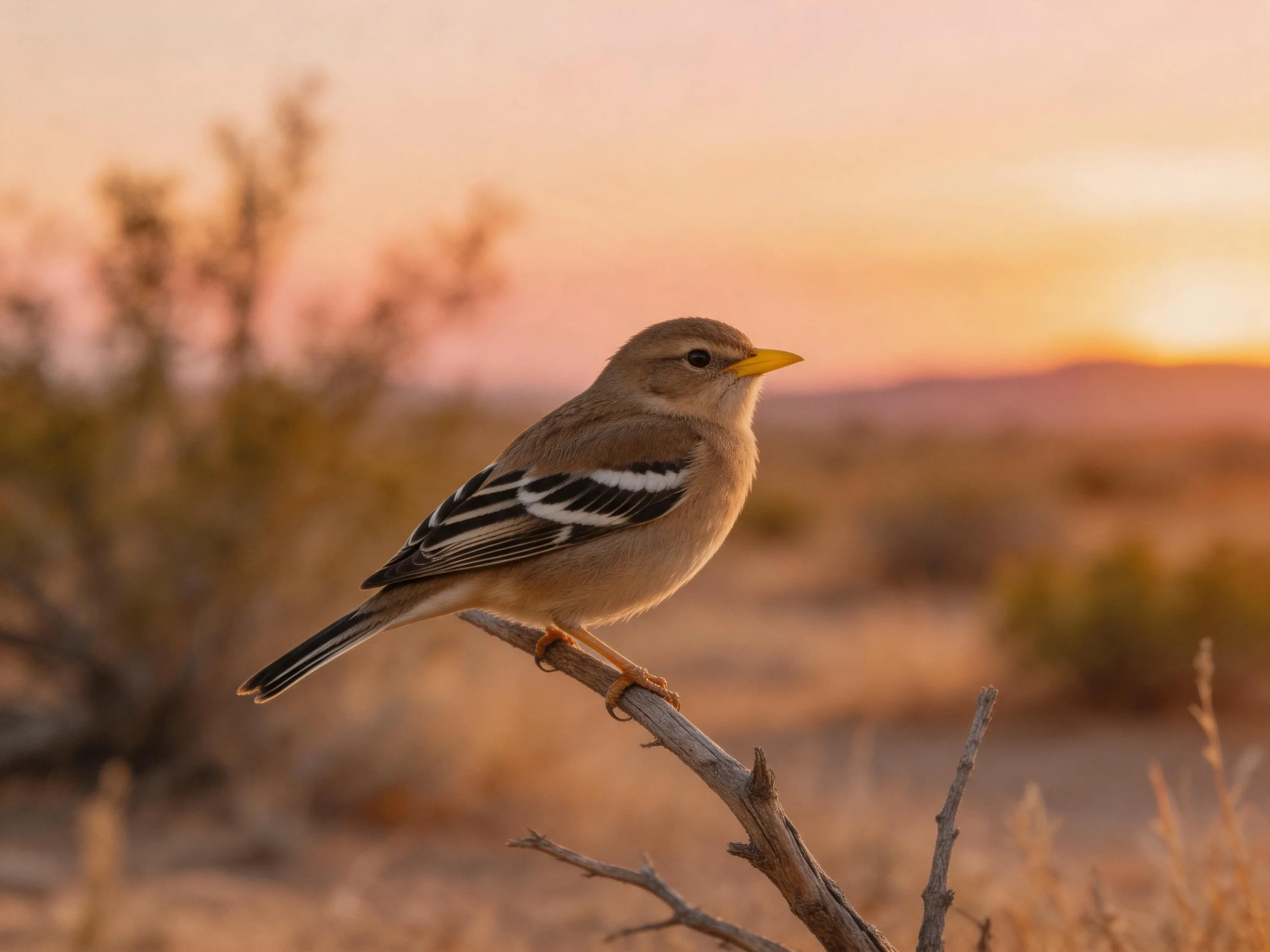 A small bird with black-and-white wings perched on a dry branch during sunset