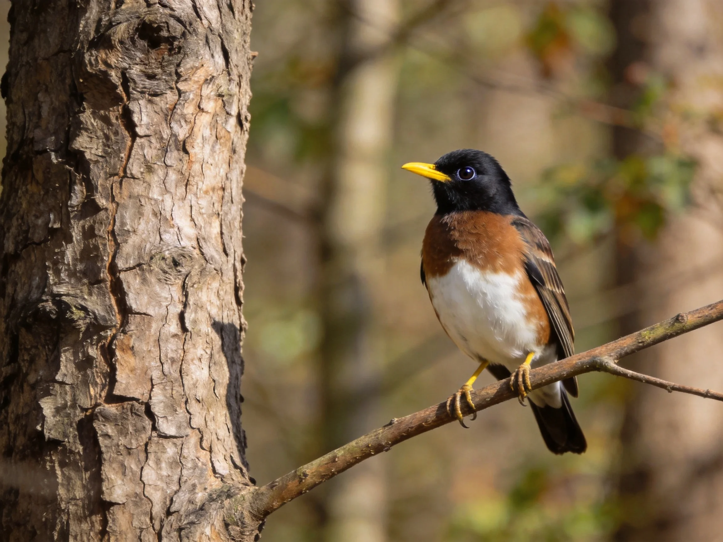 A small bird with black, brown, and white plumage perches near a tree trunk