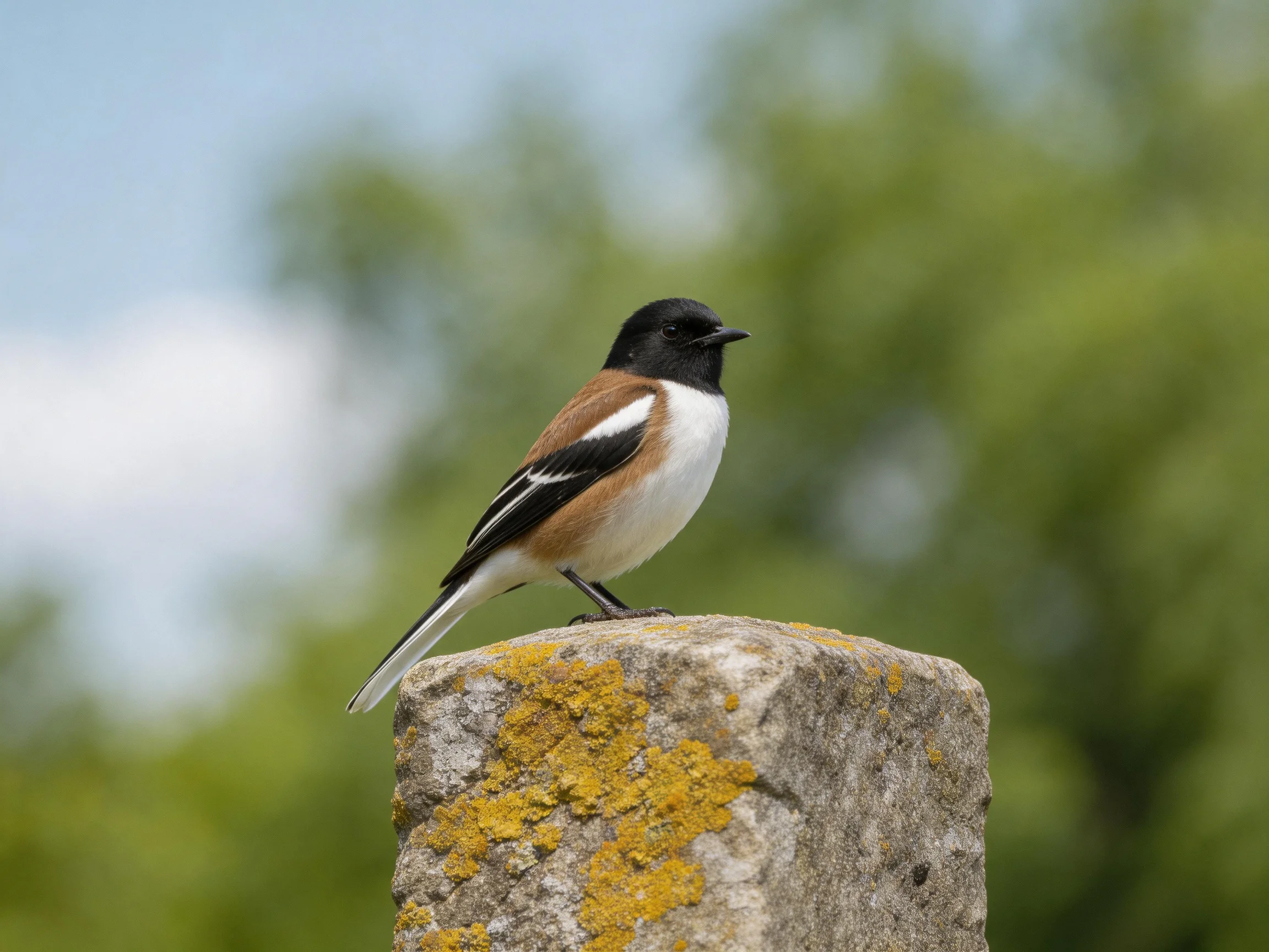 A small bird with distinctively colored plumage rests on a lichen-dotted stone post.