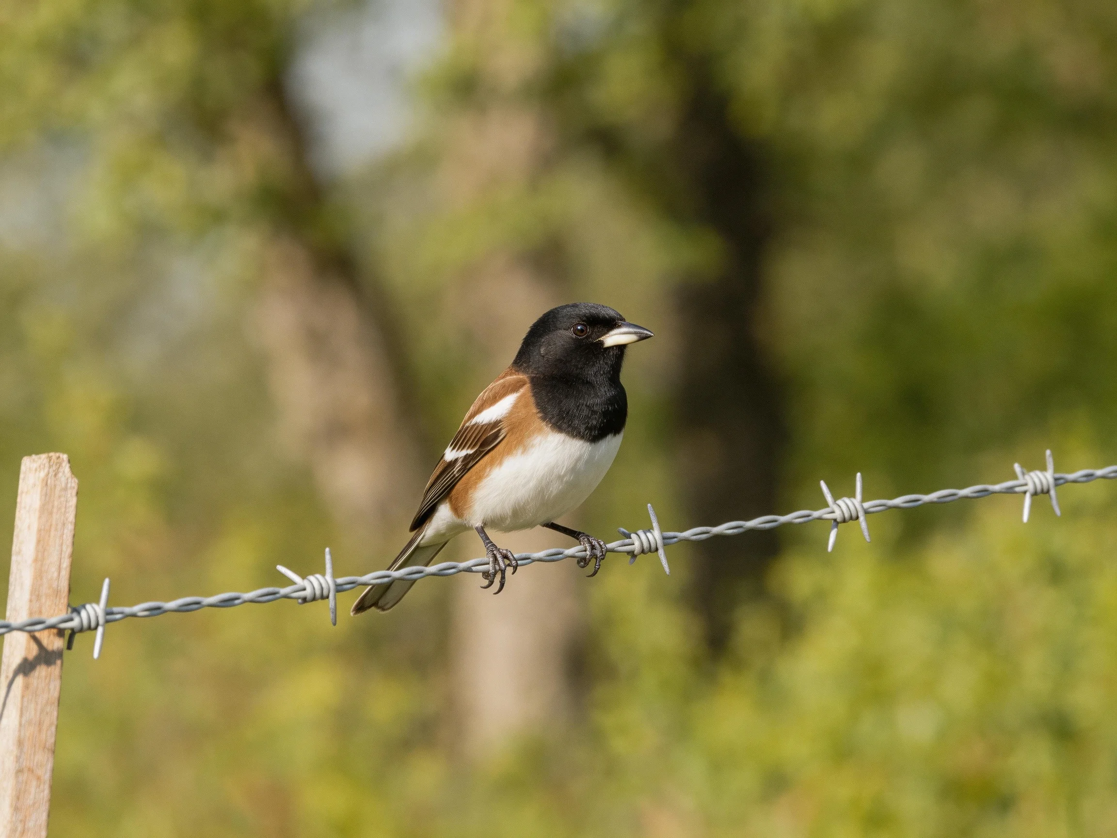 A small bird with black, brown, and white plumage perches on barbed wire near green trees.