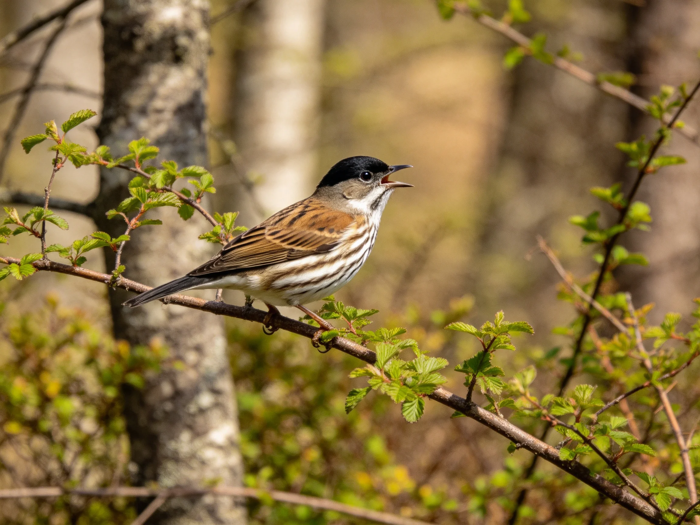 A small bird with black cap perches on a leafy branch in a forest