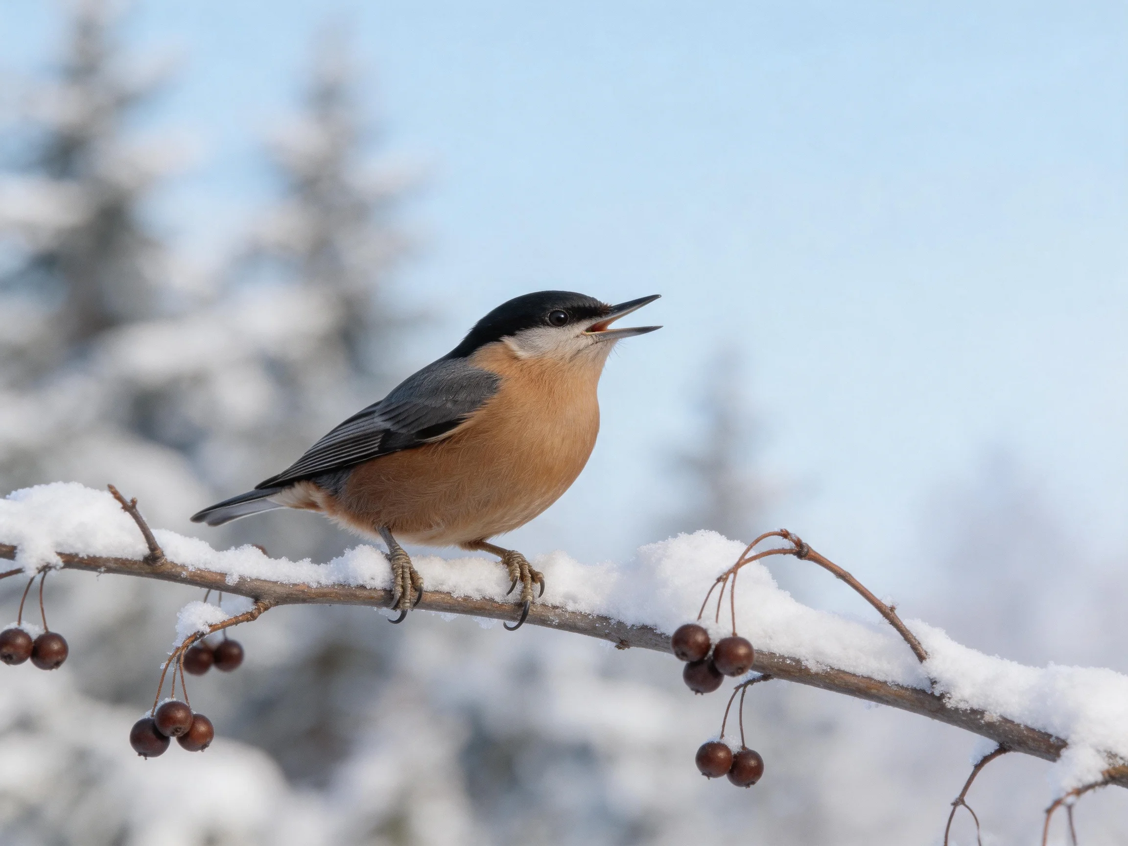 A small bird with black cap perches on a snow-dusted berry branch