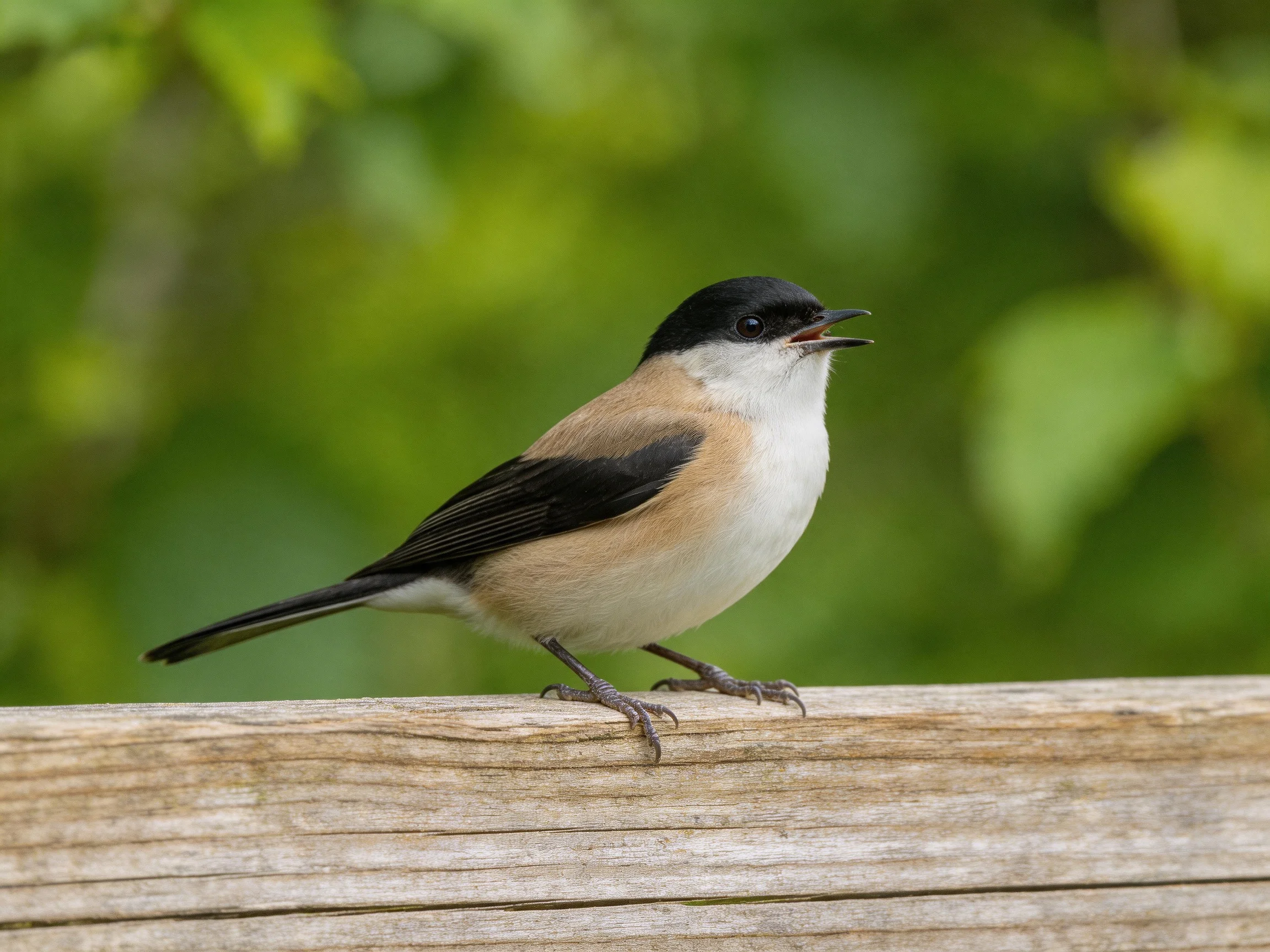 A small bird with black cap, tan back, white chest perched on weathered wood