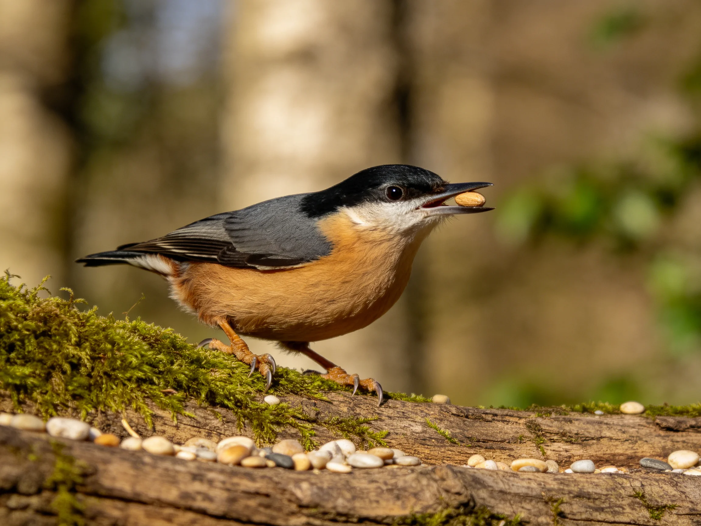 A colorful songbird stands on a moss-covered log carrying food while surrounded by seeds.