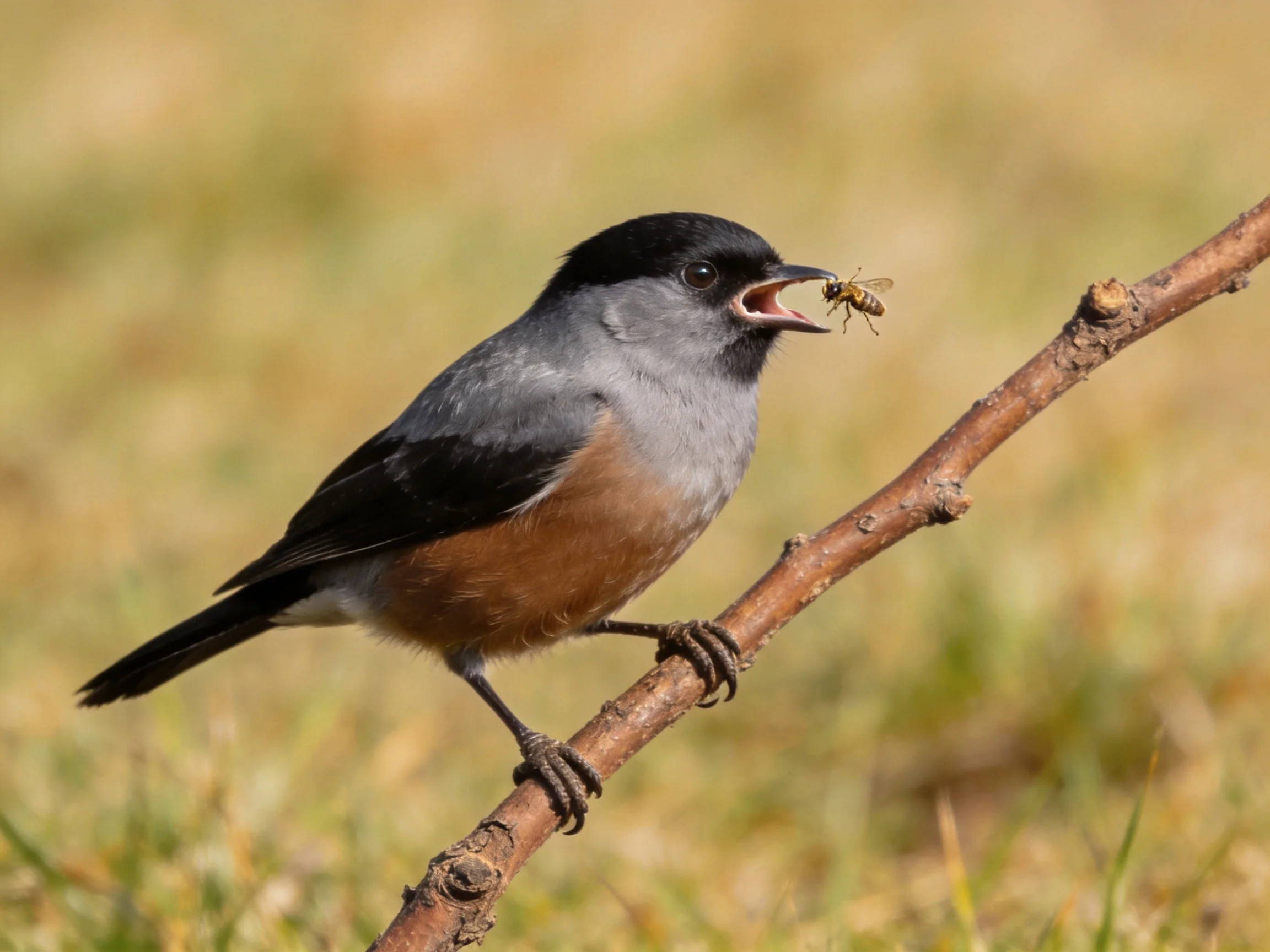 A small bird with black, gray, and rust plumage catches an insect