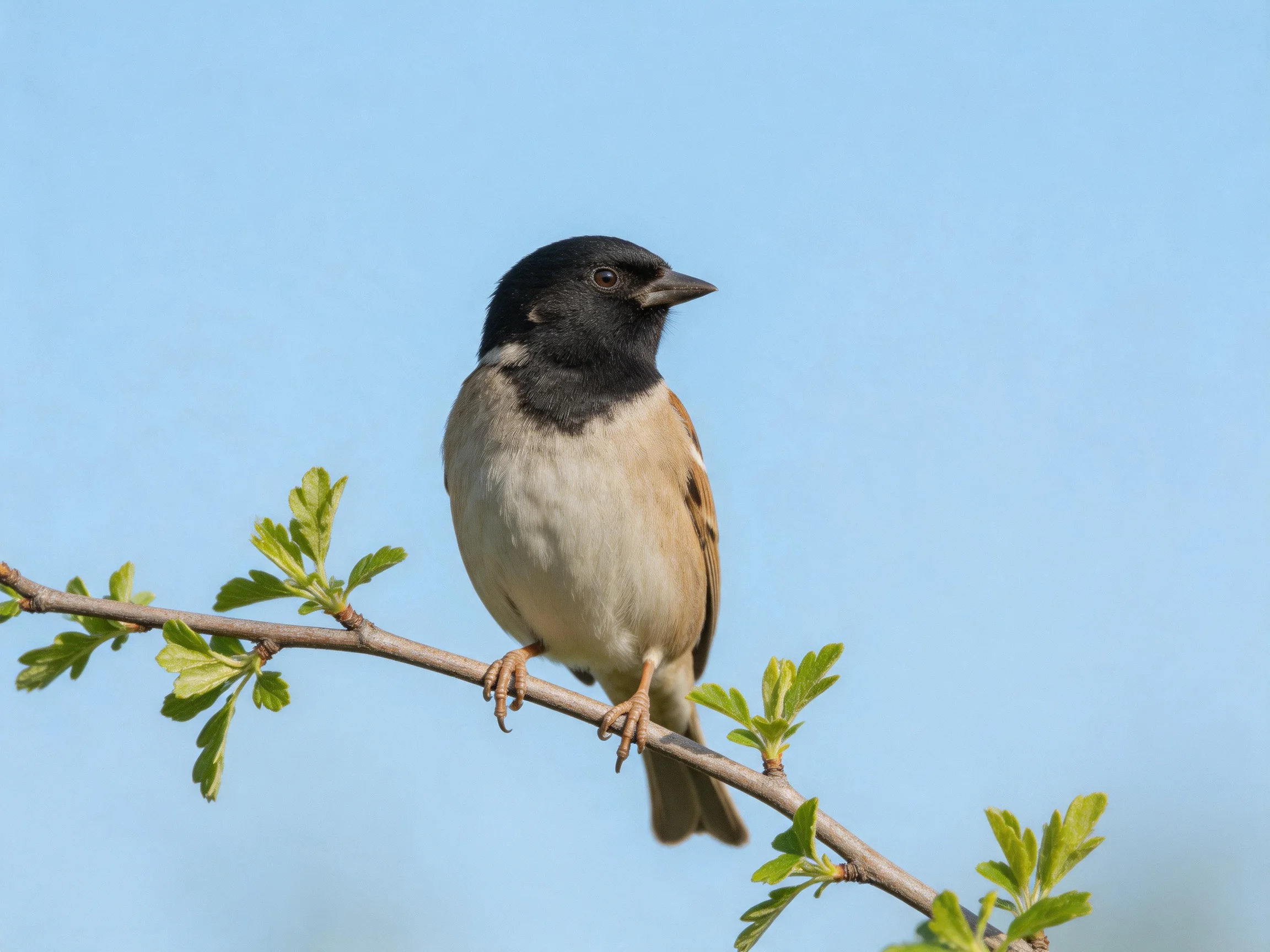 A small bird with contrasting plumage rests on a leafy branch against a clear sky.