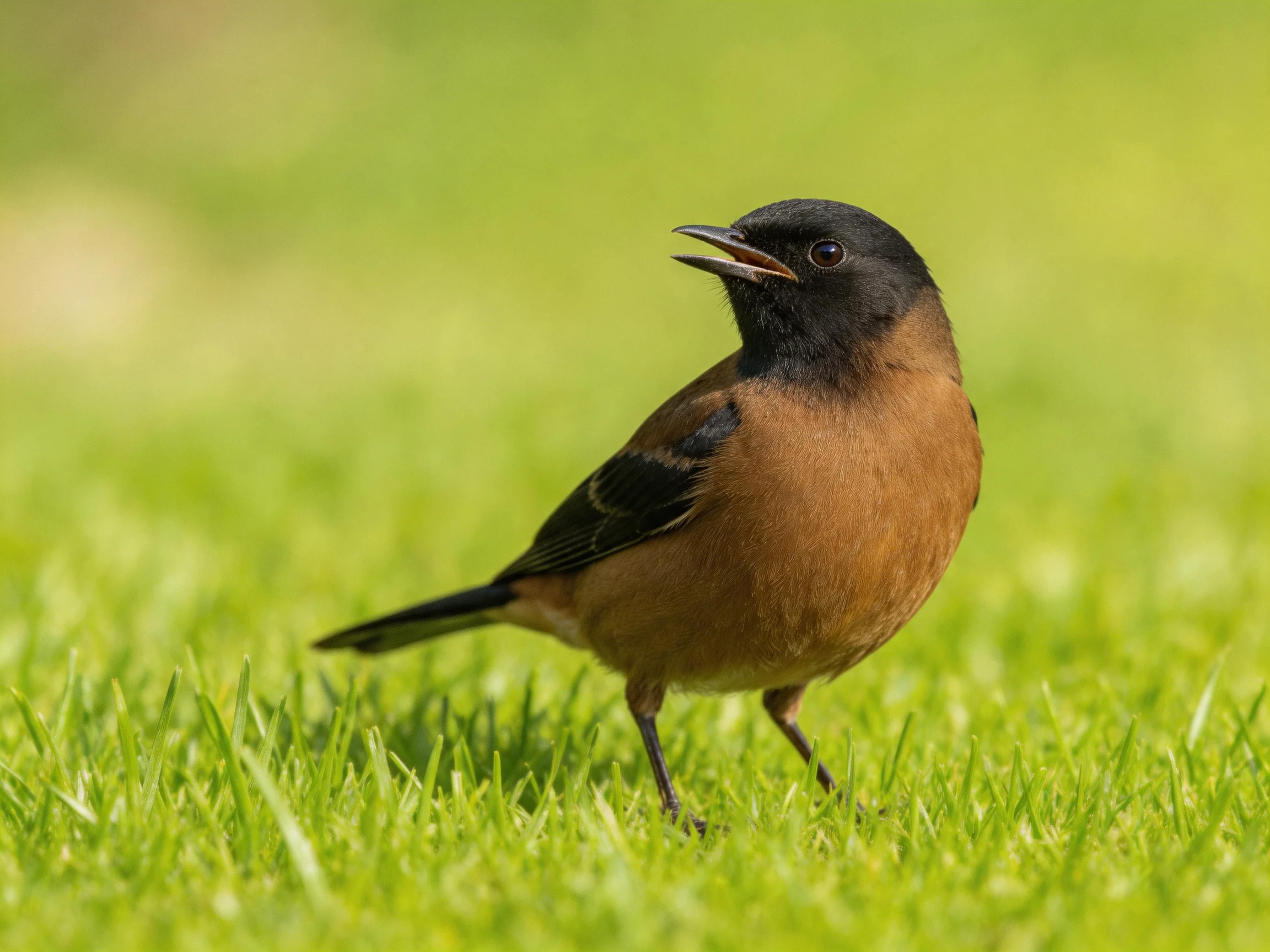 A small bird with black head and brown chest on green grass
