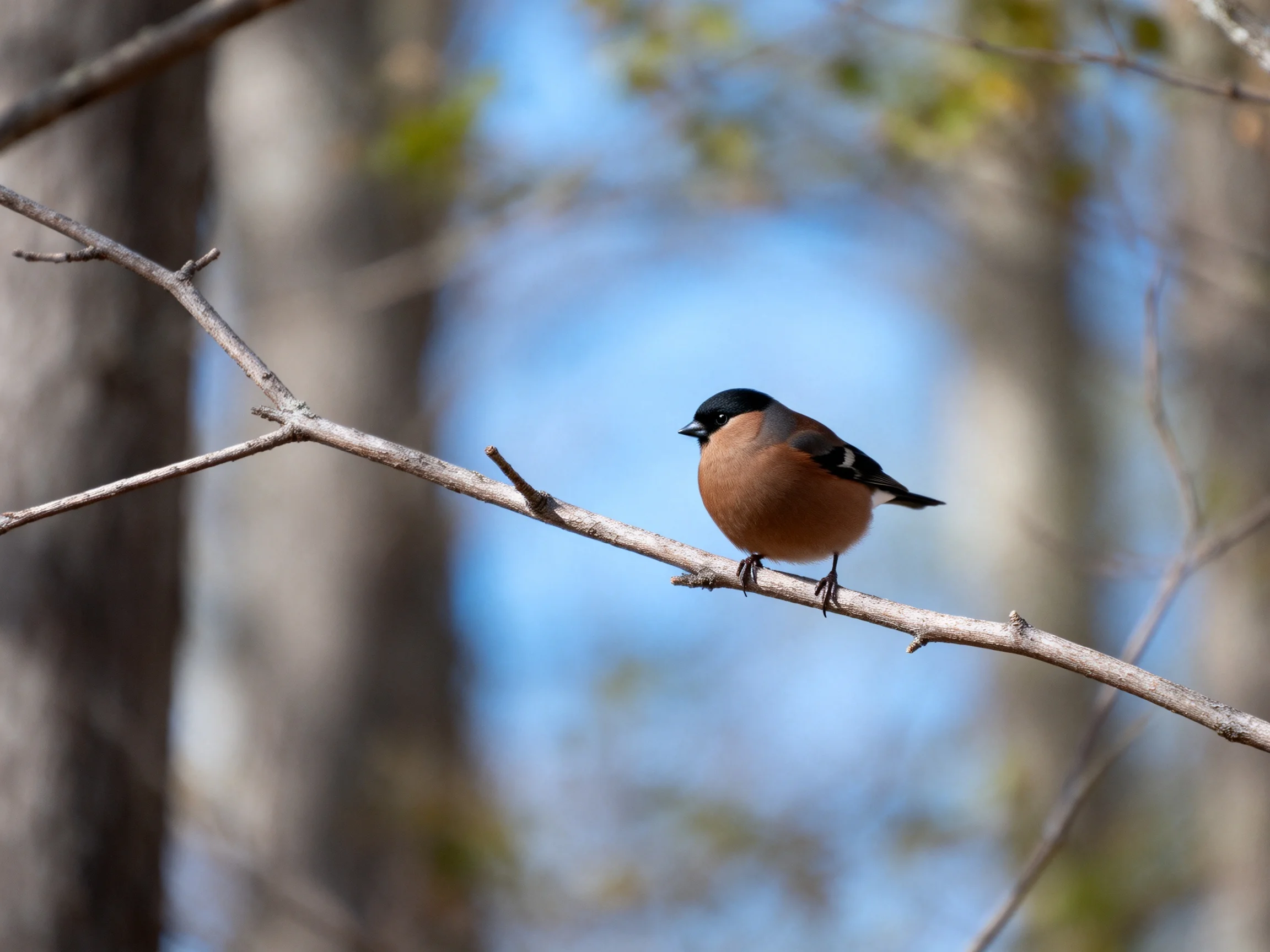 A small bird with black head and brown chest perched on a thin branch