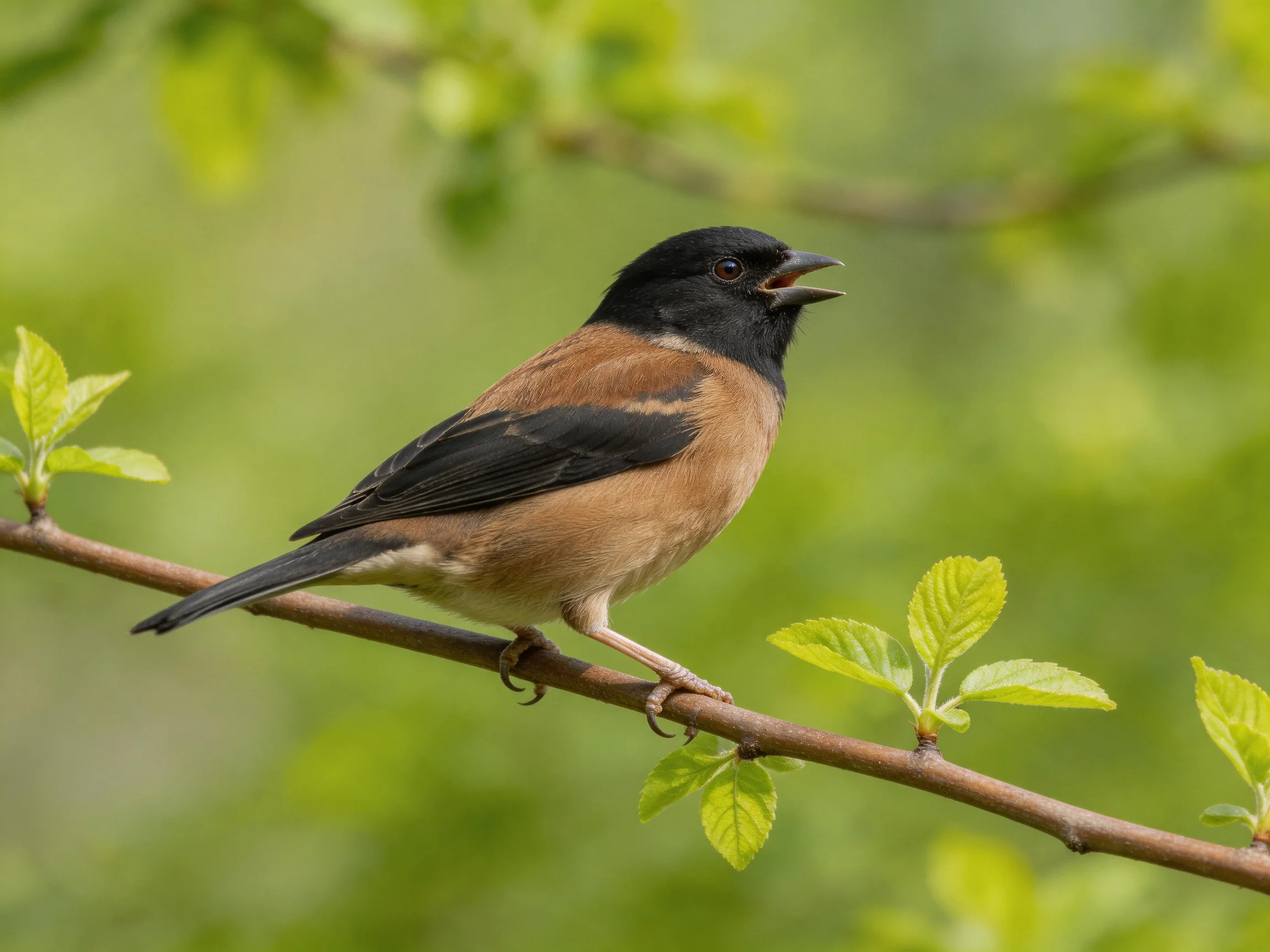 A small bird with black head and brown chest perches on a leafy branch