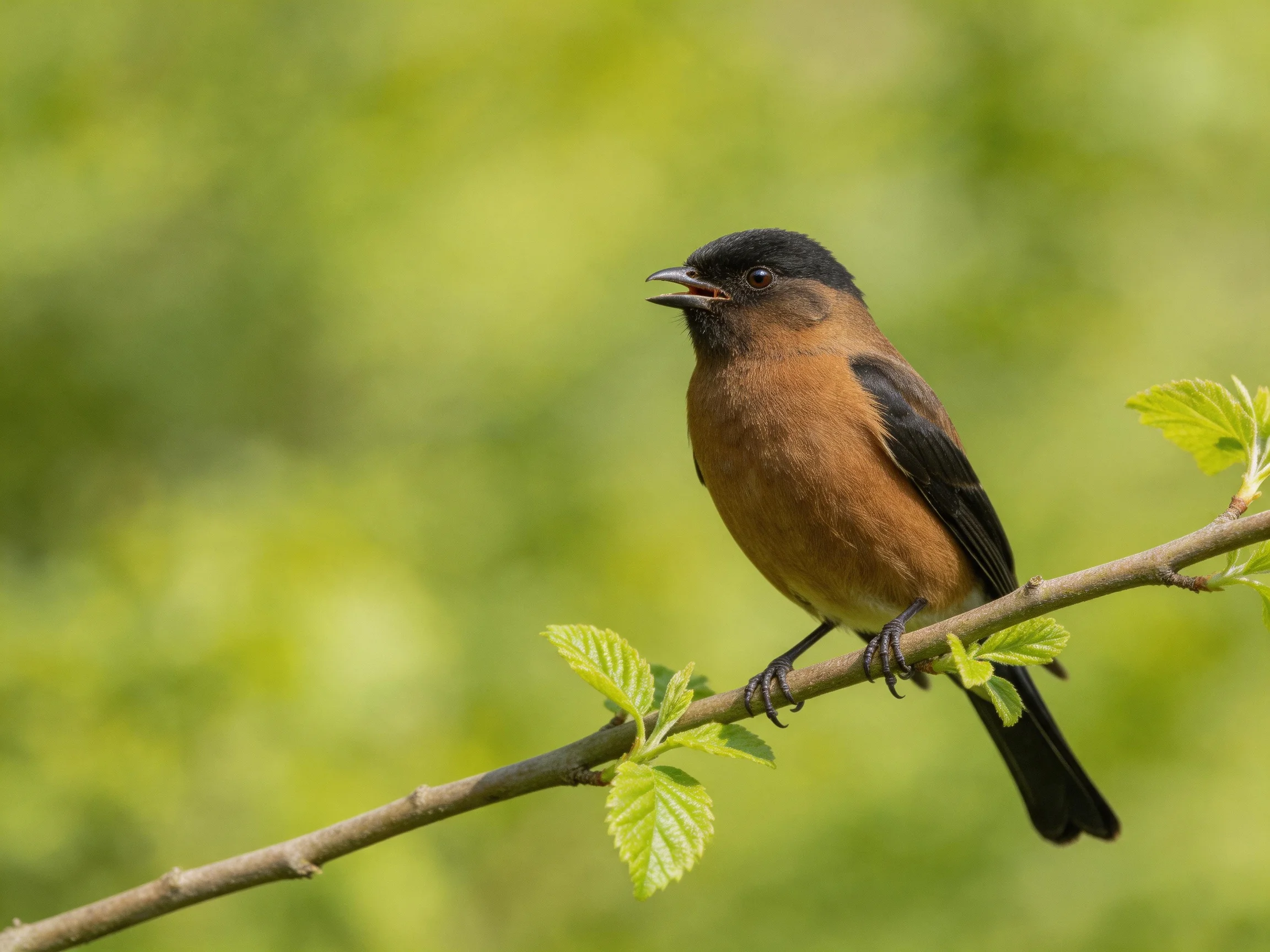 A small bird with black head and brown chest perches on a leafy branch