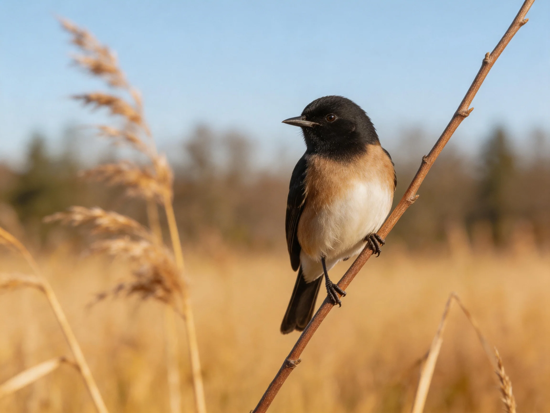 A small bird with black head and brown chest perches on a thin branch in golden grassland