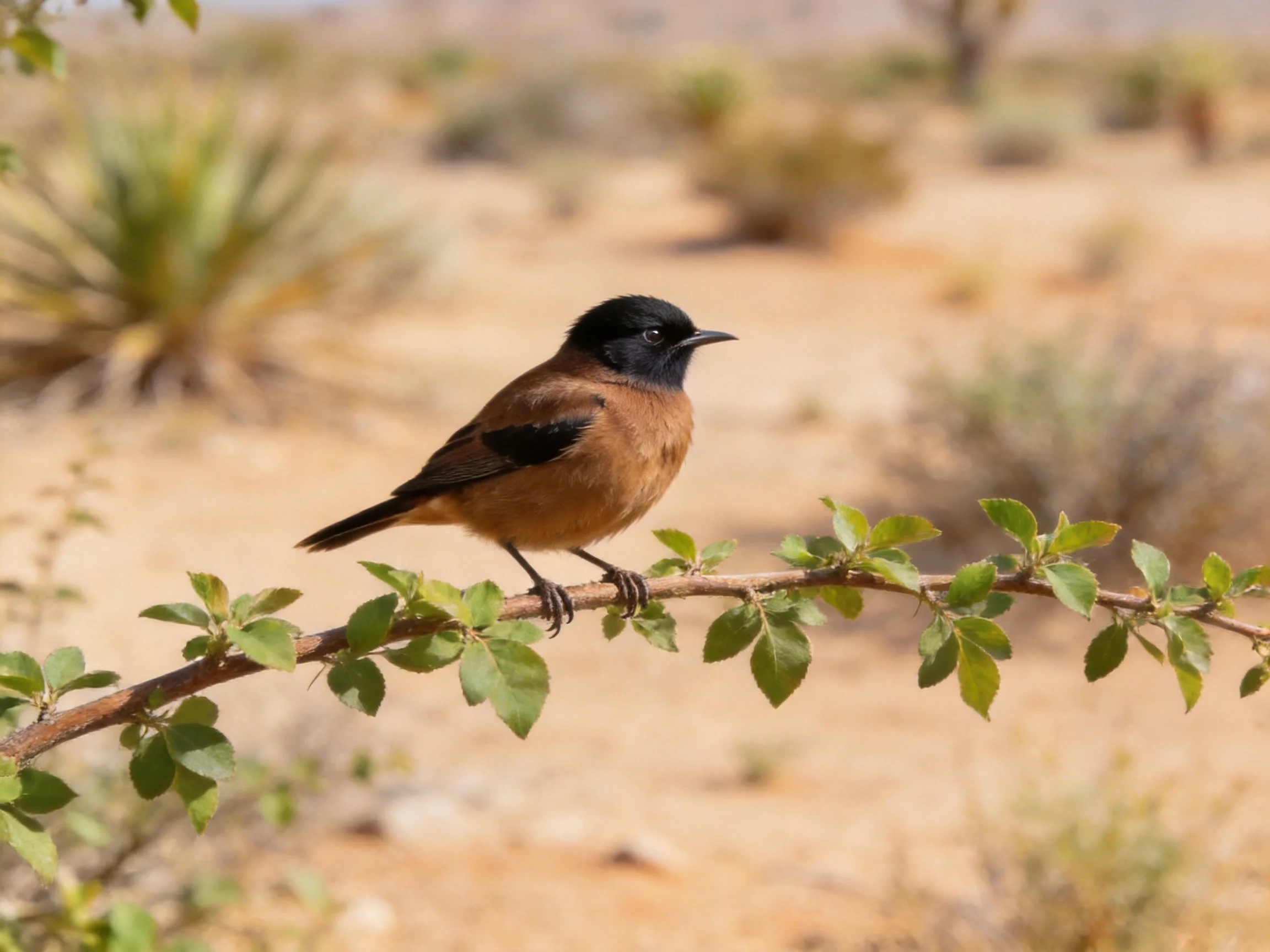 A small bird with black head and brown plumage perched on a leafy branch