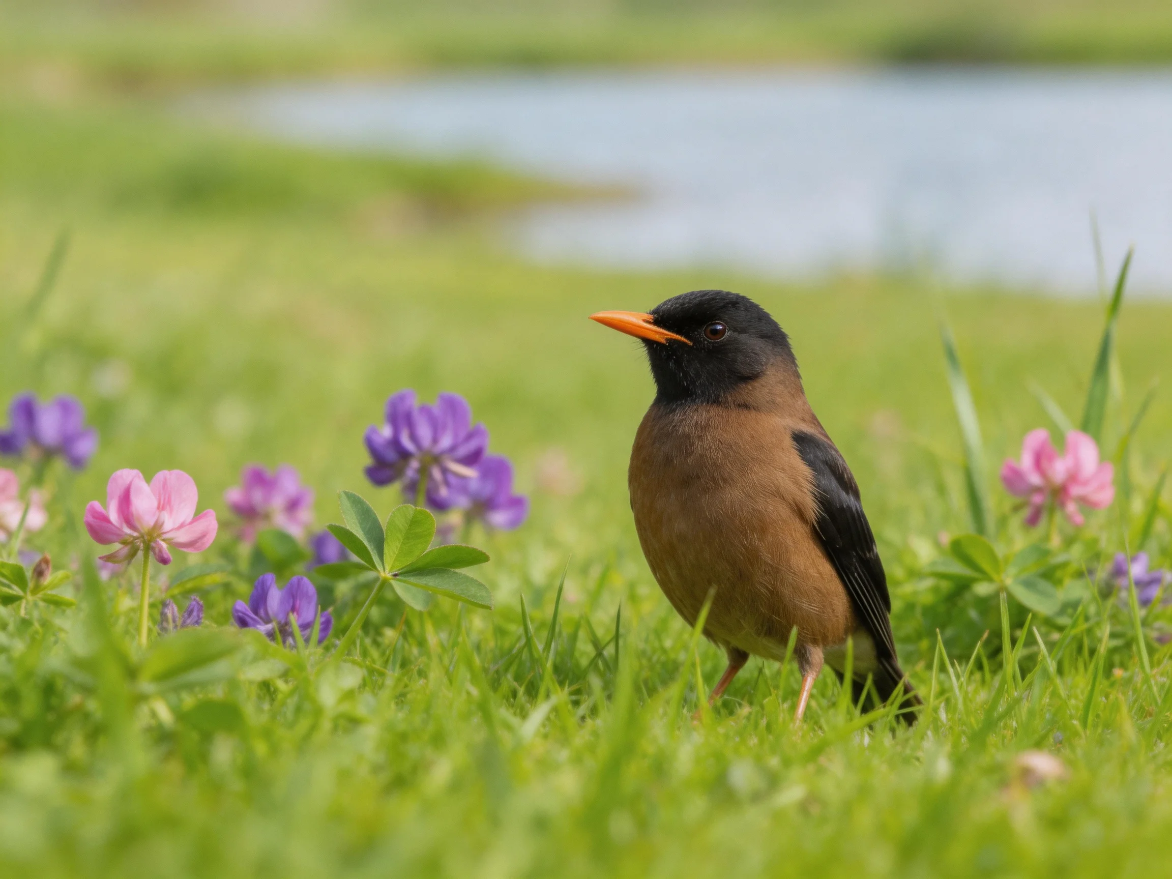 A small bird with black head, brown body, orange beak in a flower-filled meadow