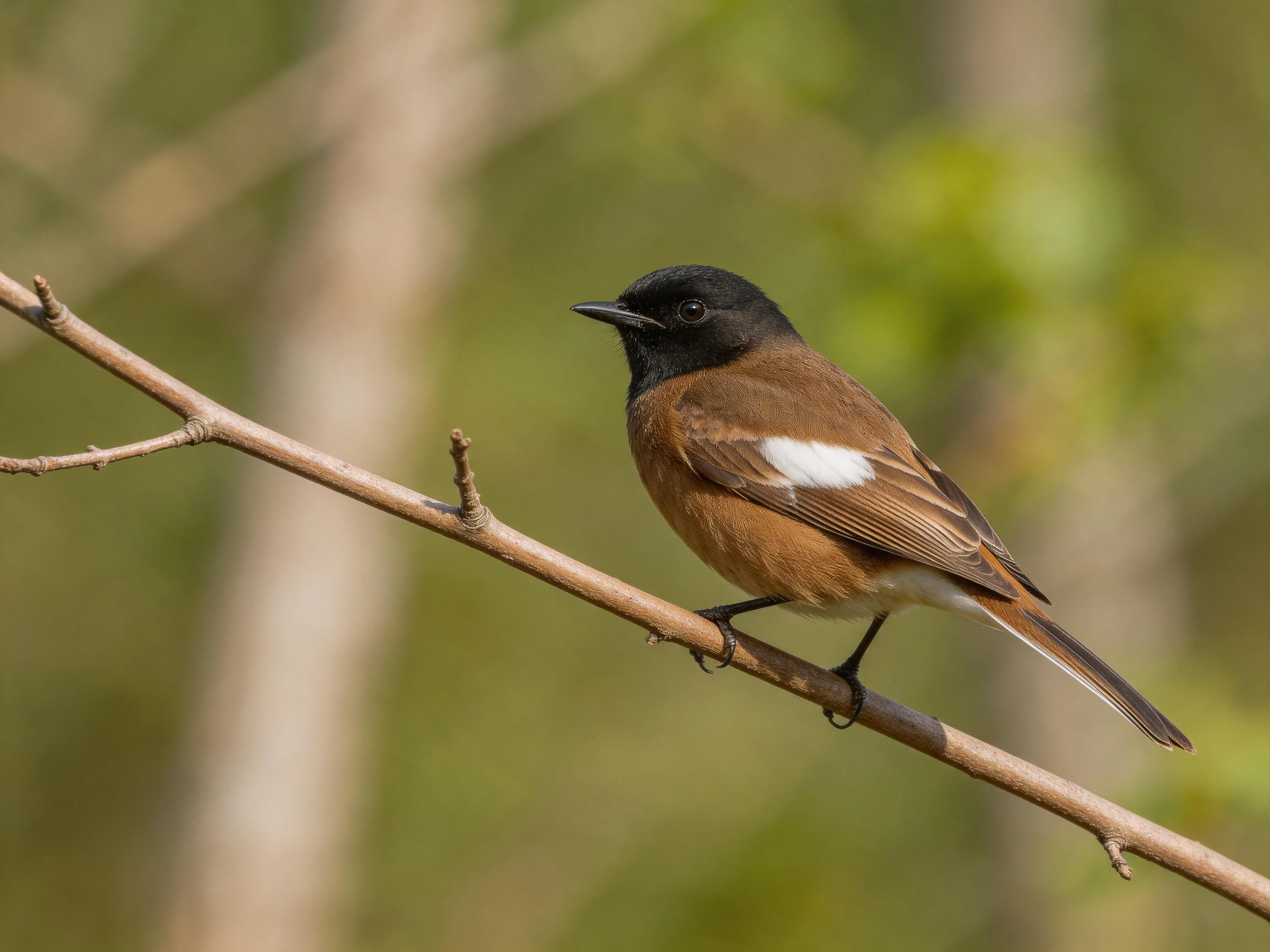 A small bird with black head, brown body, white wing perches on a branch