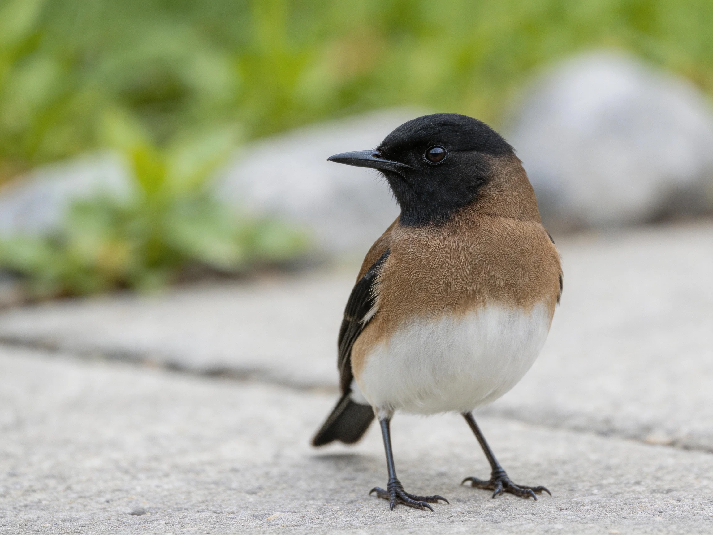 A small bird with black head, brown chest, white belly on paved ground