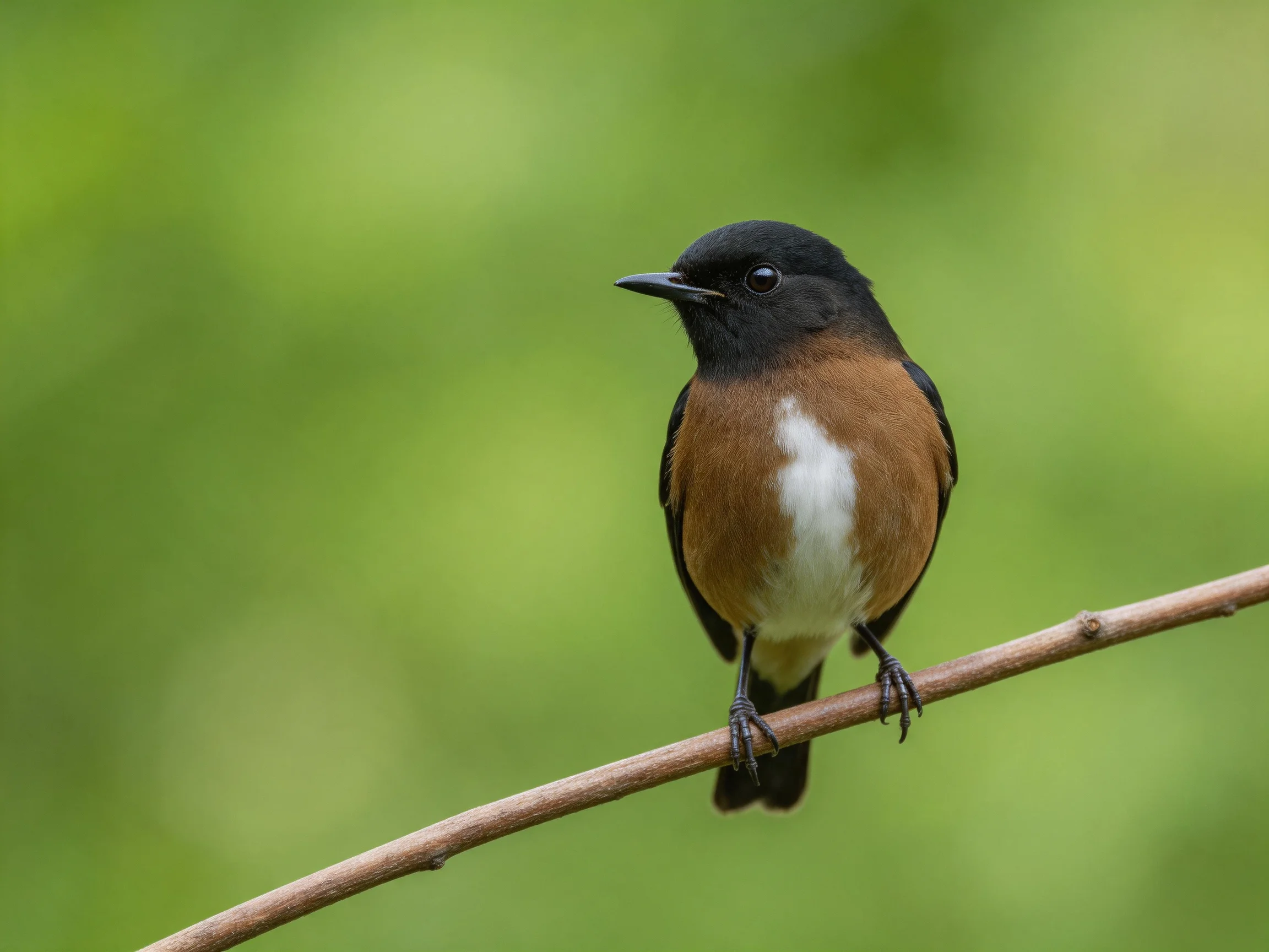 A small bird with distinct color patterns rests on a slender branch.