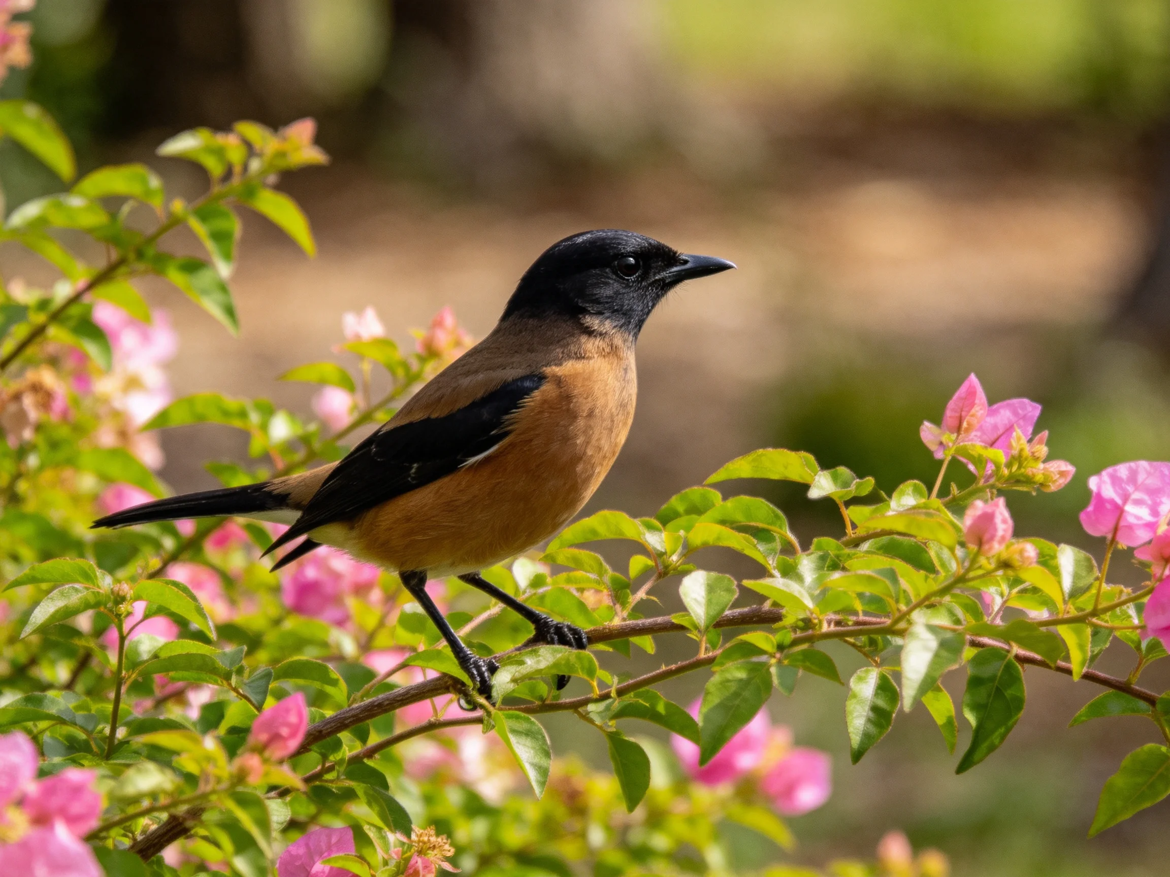 A small bird with black head perched among vibrant pink flowers